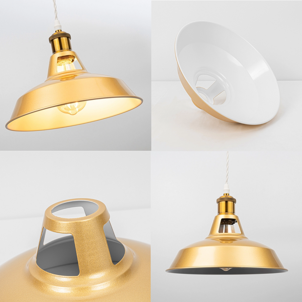 Detail shots of brushed gold metal pendant light shade showing white interior finish for high reflectivity, hollowed-out lamp holder design, and premium brass texture