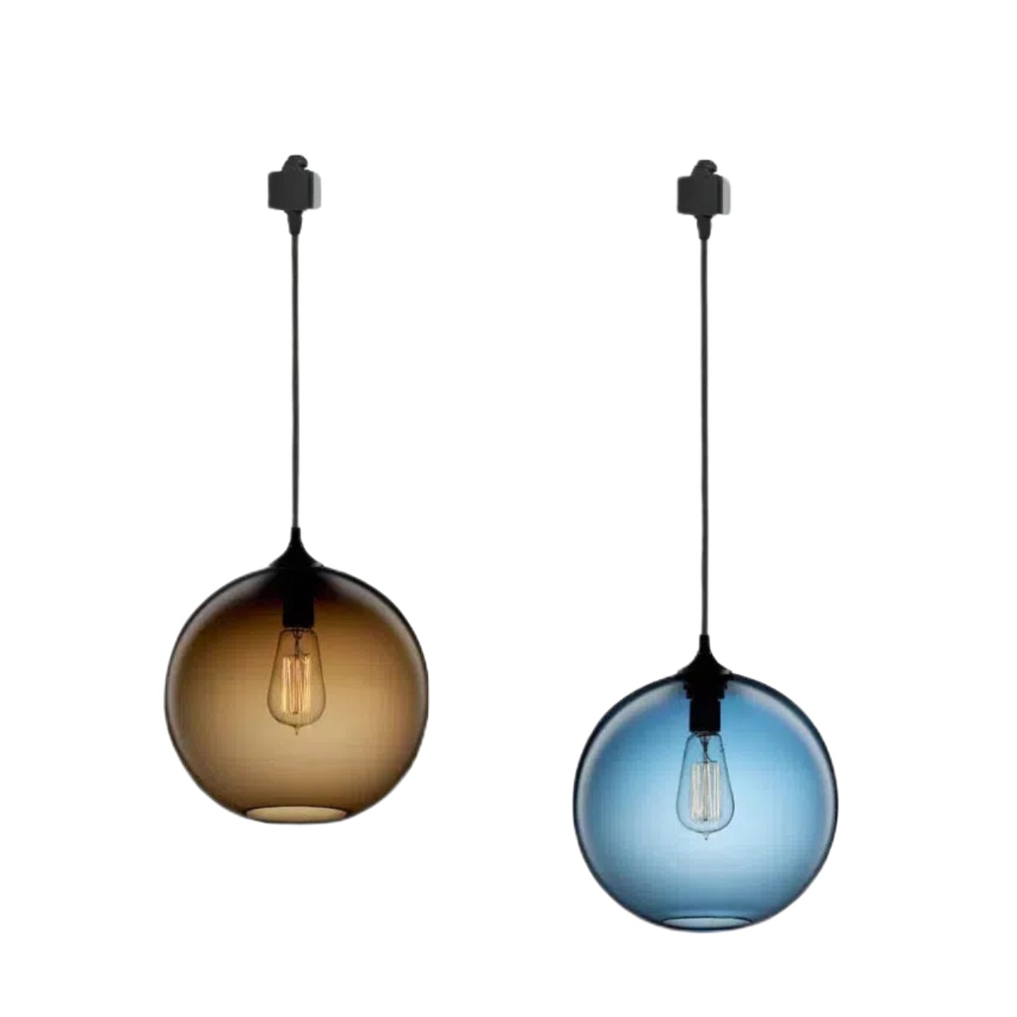 Modern track light pendants in blue and brown glass. Industrial lighting for restaurants and bars.