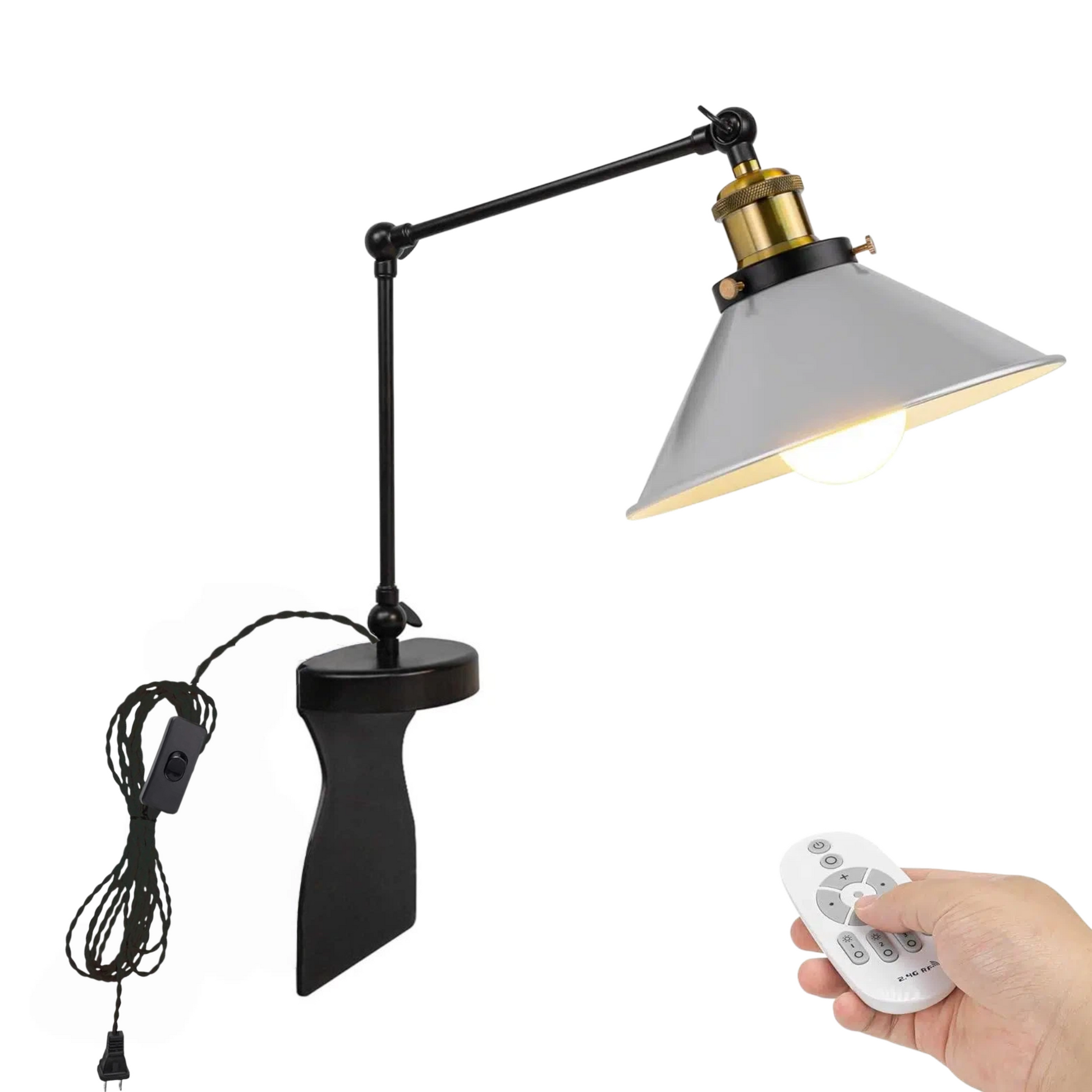 Kiven black headboard reading light, adjustable swing arm, dimmable LED, remote control. Modern bedside lamp.