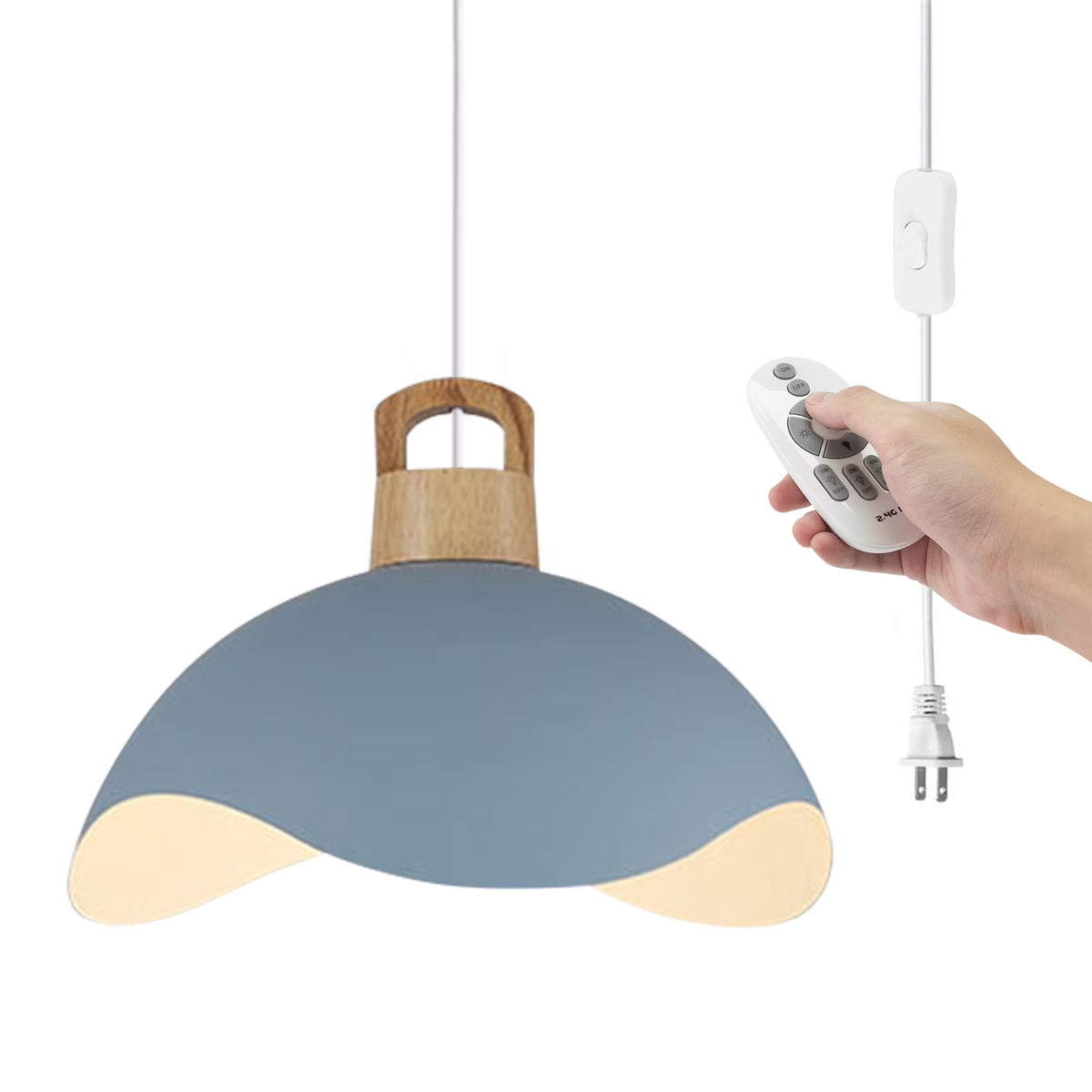 Kiven Modern Plug-in Pendant Light with Wavy Shade & Wood Top, Dimmable Hanging Cord Light
