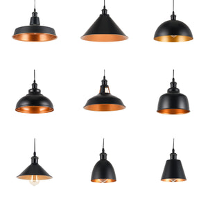 Industrial black pendant light covers with copper or gold interior, perfect for DIY lighting and home decor.