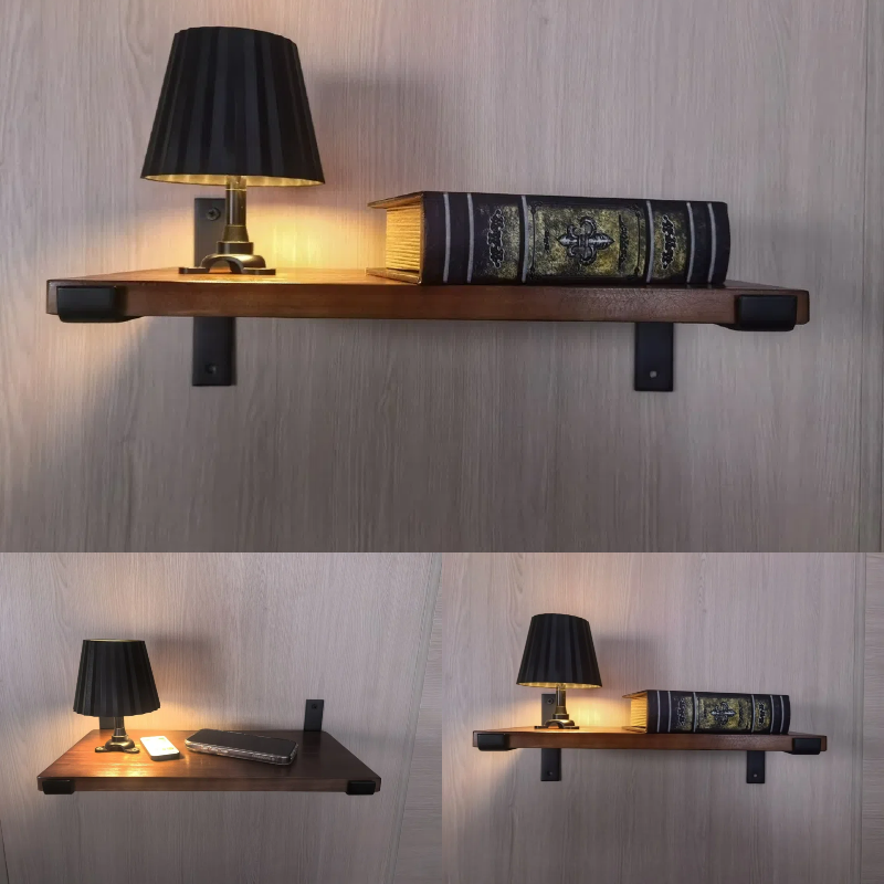 Kiven battery-powered wall lamp with shelf, cordless wall lamp, remote control, tricolor mode, farmhouse wall lamp with rechargeable dimming lamp, suitable for bedroom, living room and office