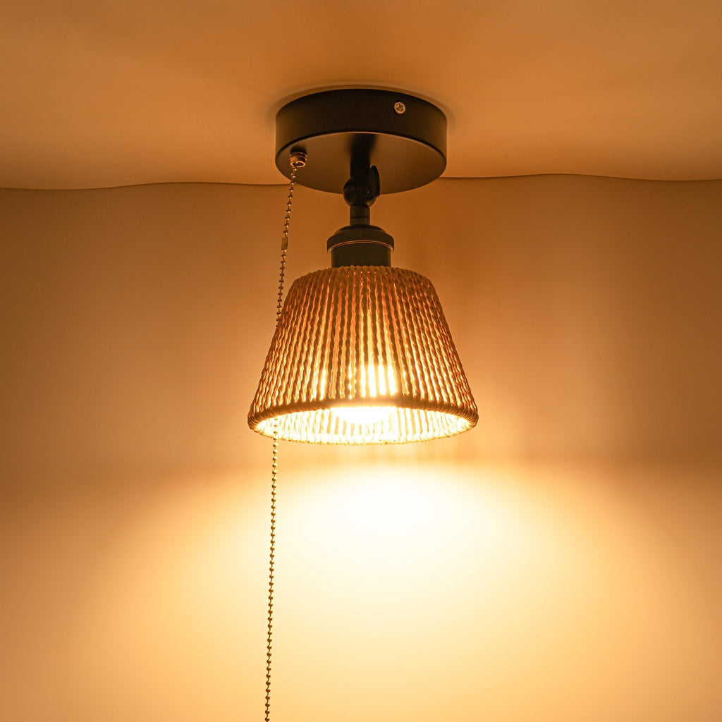 Adjustable Light, Zipper Switch 12V RV Industrial Woven Natural Boho Rattan Cover, E26 Socket Semi Flush Mount Interior Lighting Decorative for Boat Camper Hallway