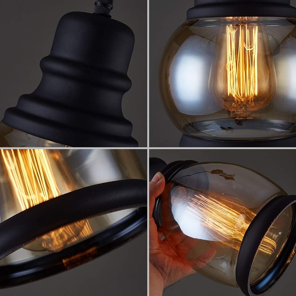 Amber glass pendant light with vintage industrial style, dimmable, for kitchen, bedroom, and dining room.