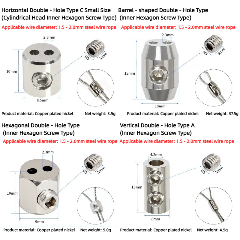 Kiven 304 Stainless Steel Wire Rope Locking Device, Adjustable Self-Locking Double-Hole Cable Clamp for Clothes Hanger/Picture Hanging - Customizable