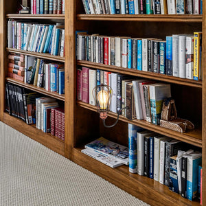 Kiven Cordless Bookshelf Lamp, rusty red iron cage design with Edison bulb, on a wooden bookcase with books, farmhouse style.