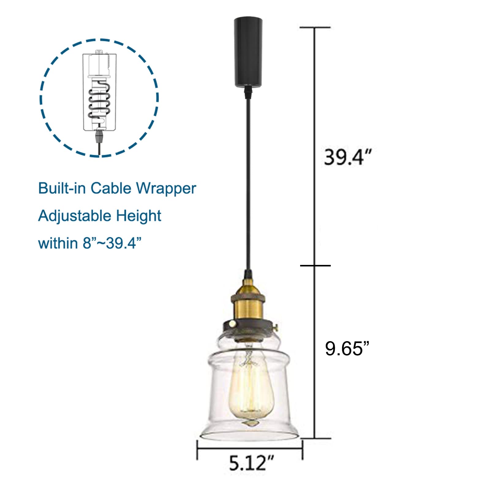 Kiven H/J/L Track Fixtures, Vintage Industrial Pendant Light w/ 5.12" Glass Shade, Dimmable