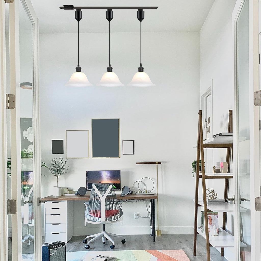 Kiven H-Type Track Lighting Pendants Adjustable Height,Modern h Track Pendant Lights with Alabaster Glass Shade,Track Lighting Fixture for Kitchen Island Hallway, 3 Lights(Black)