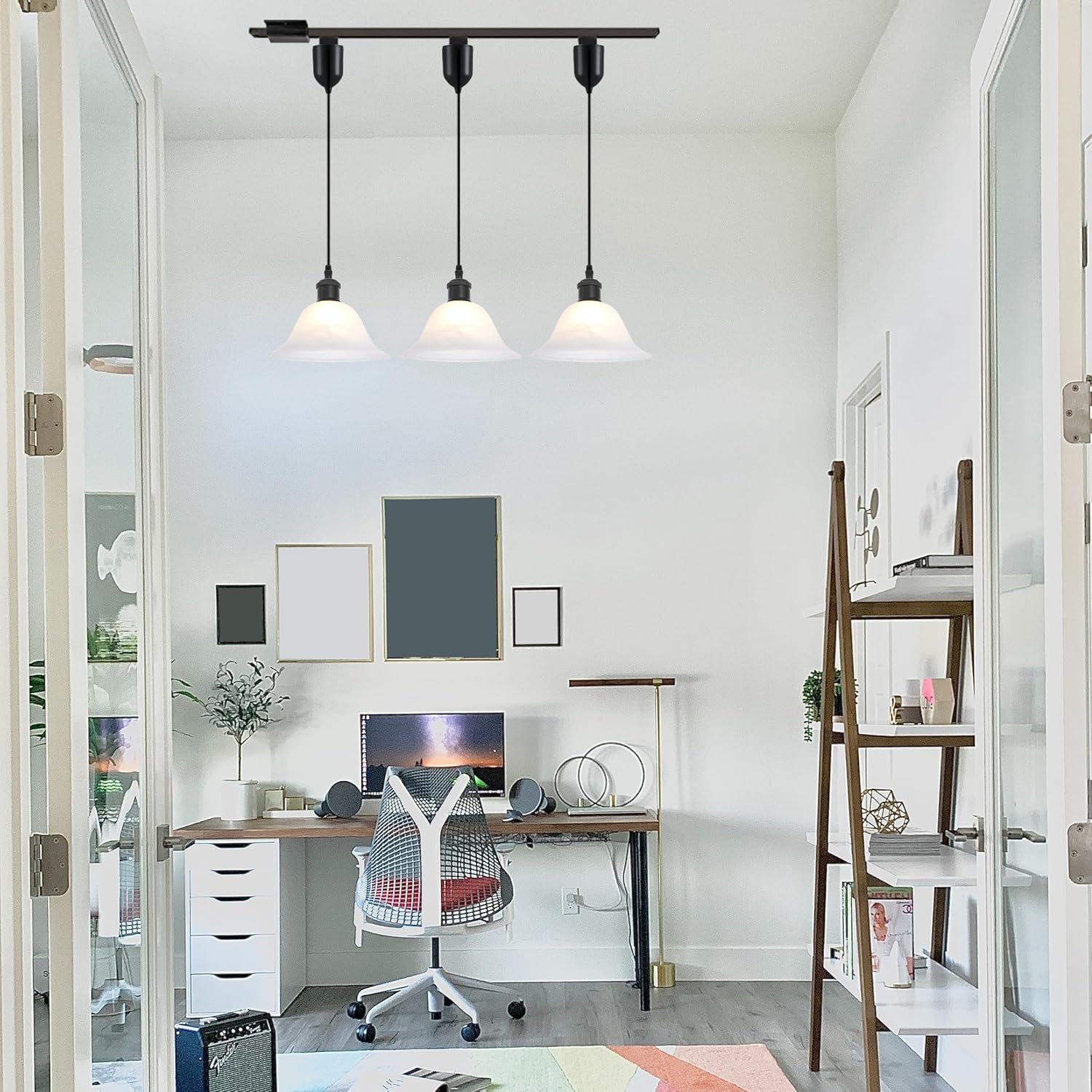 Kiven H-Type Track Lighting Pendants Adjustable Height,Modern h Track Pendant Lights with Alabaster Glass Shade,Track Lighting Fixture for Kitchen Island Hallway, 3 Lights(Black)