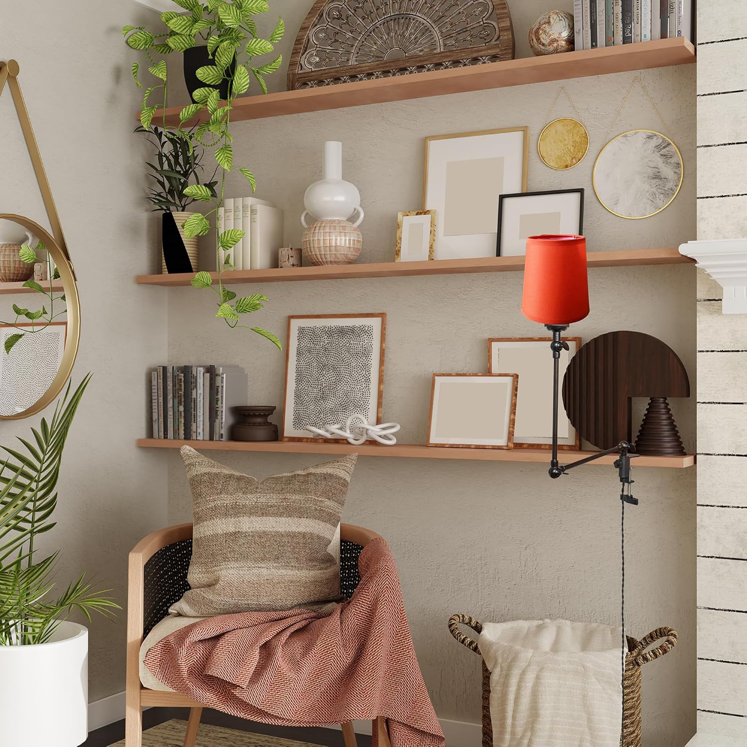Kiven Plug-in Modern Clip-on Desk Lamp, 1-Light Nordic Nightstand Lamp with Flexible Arm, Orange Drum Fabric Lampshade, 8.2FT Plug in Cord, Decorative Clamp Lamp for Office Home Bookshelf Bedside