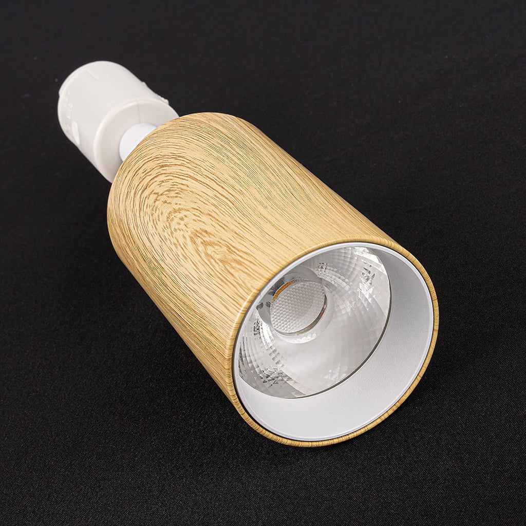 Wood grain track head light, 8W LED accent lighting, 350° rotatable, 90° tilt, for galleries and studios.