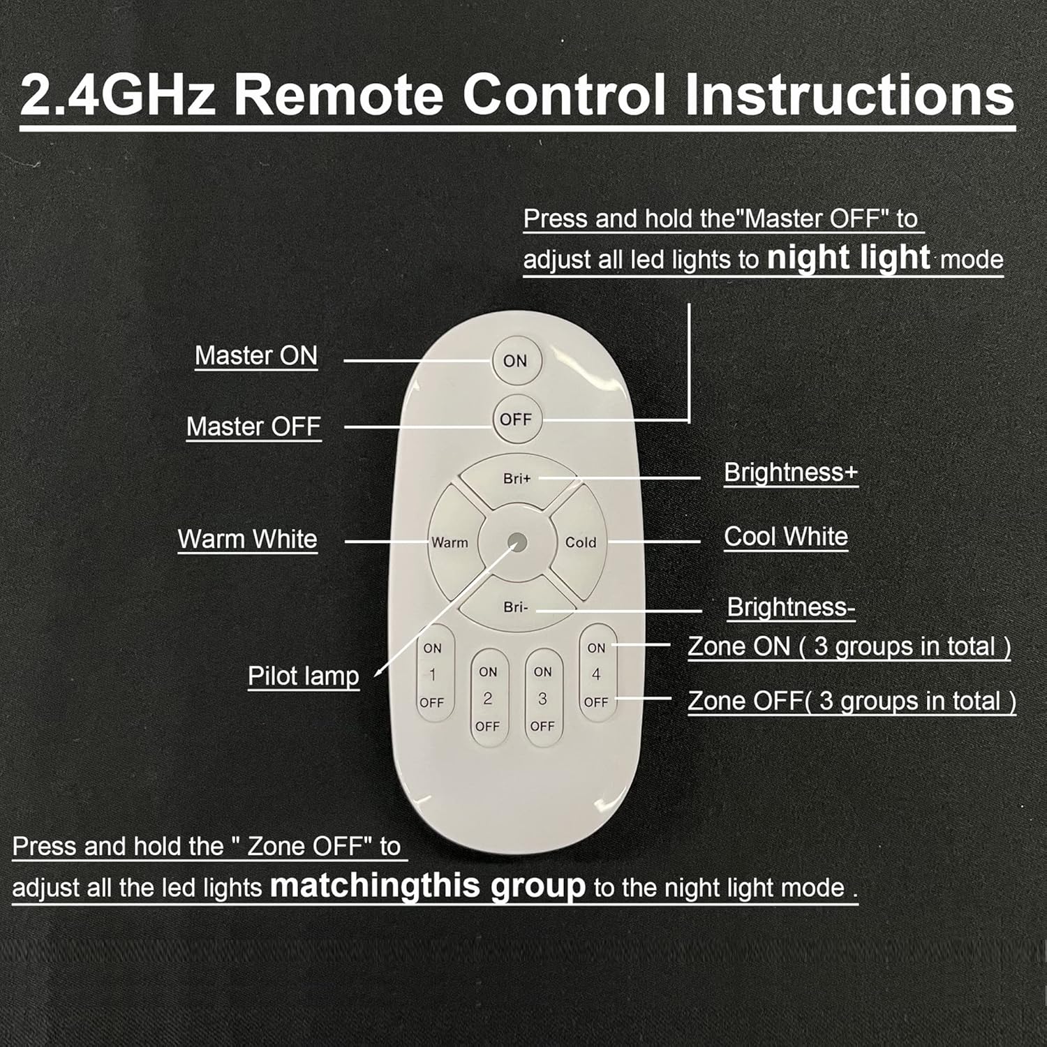 Remote control for Adjustable Track Pendant Light. Stepless dimming, color & brightness control. Night light mode.