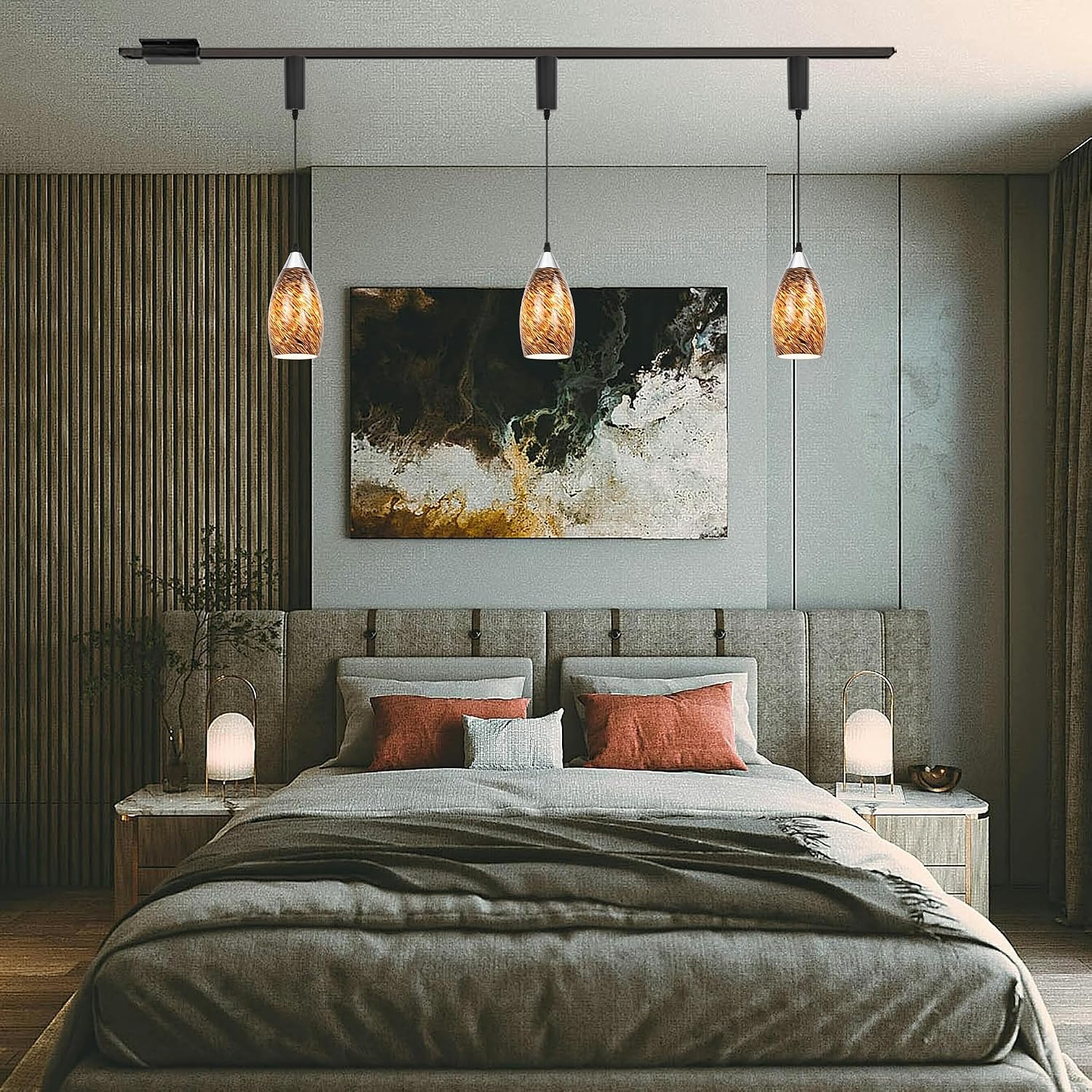 Kiven H-Type Track Lighting Pendants Adjustable Height,Farmhouse h Track Pendant Lights with Brown Glass Lampshade,Decorative Track Lighting Fixture for Kitchen Island Hallway, 3-Light