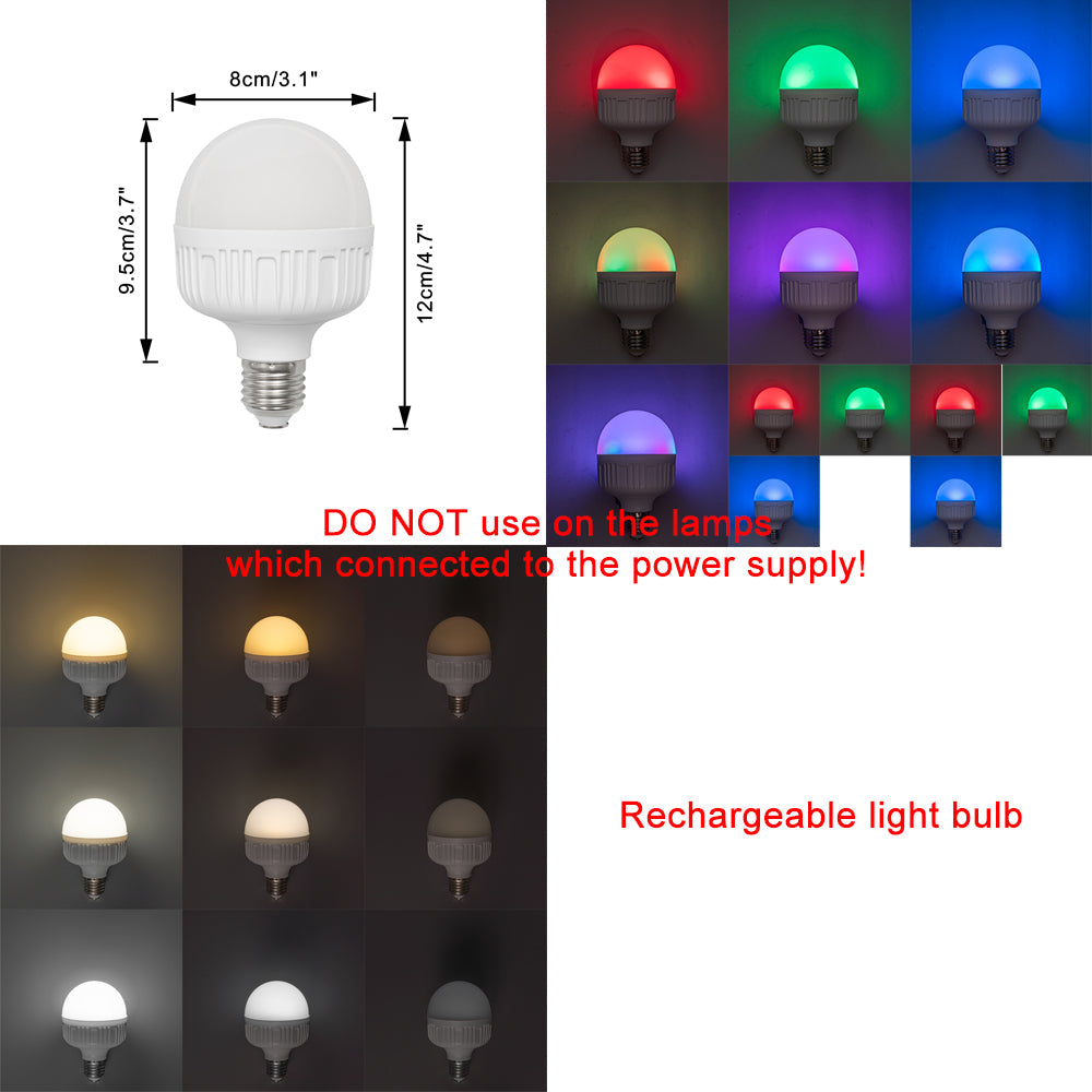 Rechargeable LED bulb with multiple color modes and dimensions, suitable for smart lighting applications.