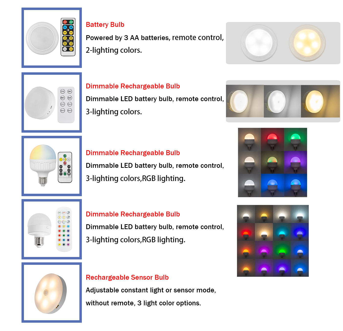 Kiven Lighting battery powered LED bulbs with remote control, including adjustable brightness and multi-color options.