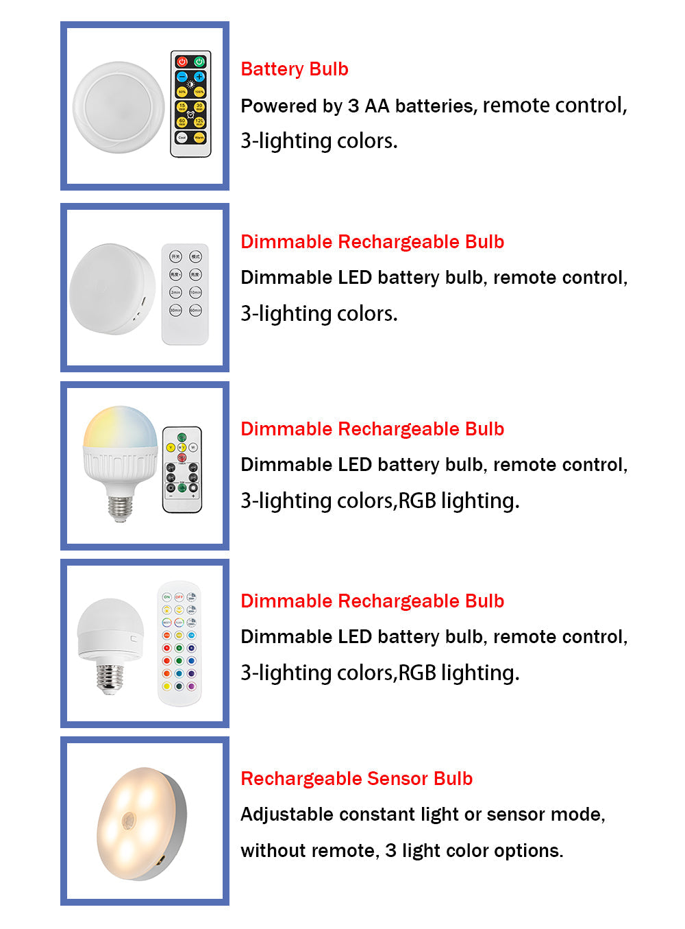 Remote control battery smart bulbs. Dimmable, rechargeable LED lighting with color options and sensor mode.
