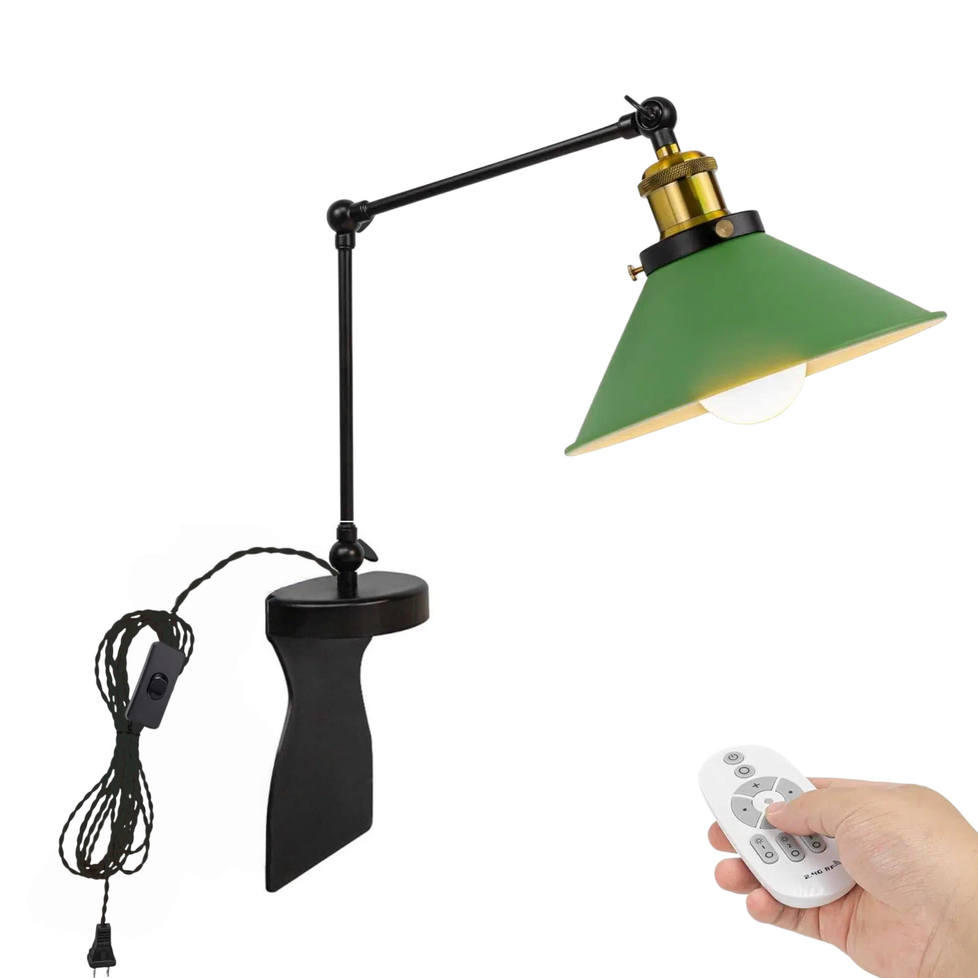 Kiven headboard reading light with green lampshade, adjustable swing arm, dimmable LED, remote control, bedside desk lamp.