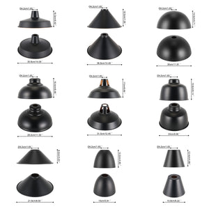 Industrial black metal lamp shades, retro cone and dome designs, ideal for DIY lighting projects, various sizes.
