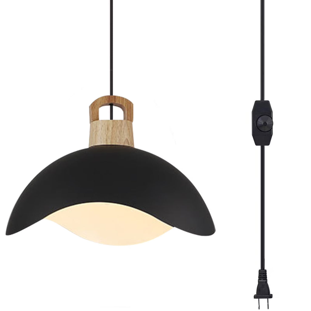 Kiven Modern Plug-in Pendant Light with Wavy Shade & Wood Top, Dimmable Hanging Cord Light