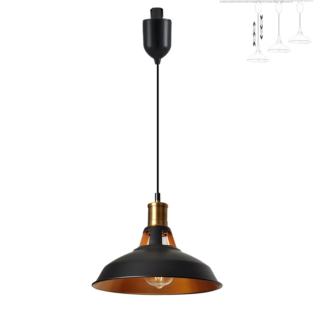 Black and gold track pendant light, adjustable height, E26 bulb, suitable for kitchens, bars, and dining.