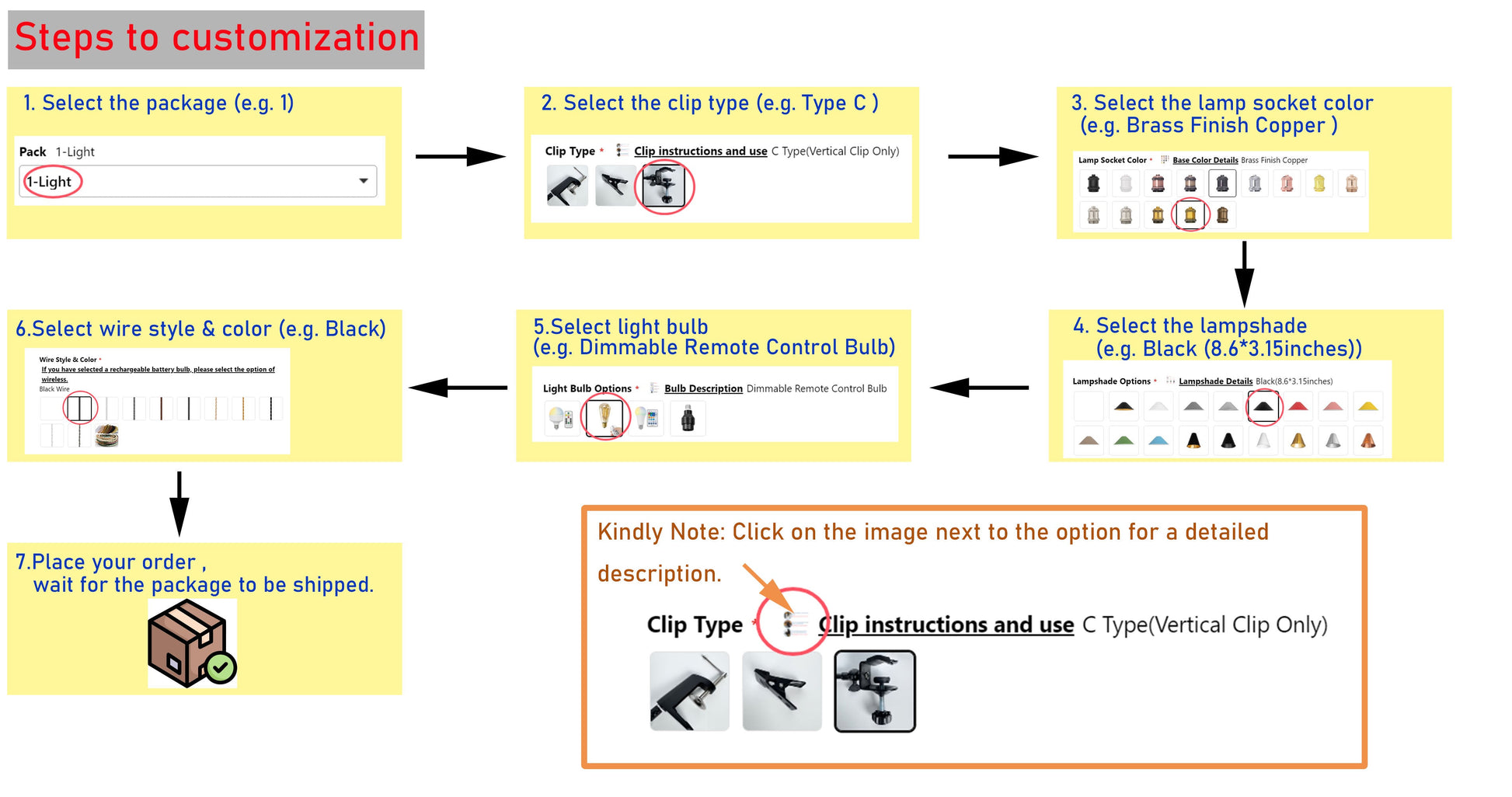 Customize Kiven clip-on desk lamp: Select options for package, clip, color, lampshade, bulb, and wire. Easy customization.