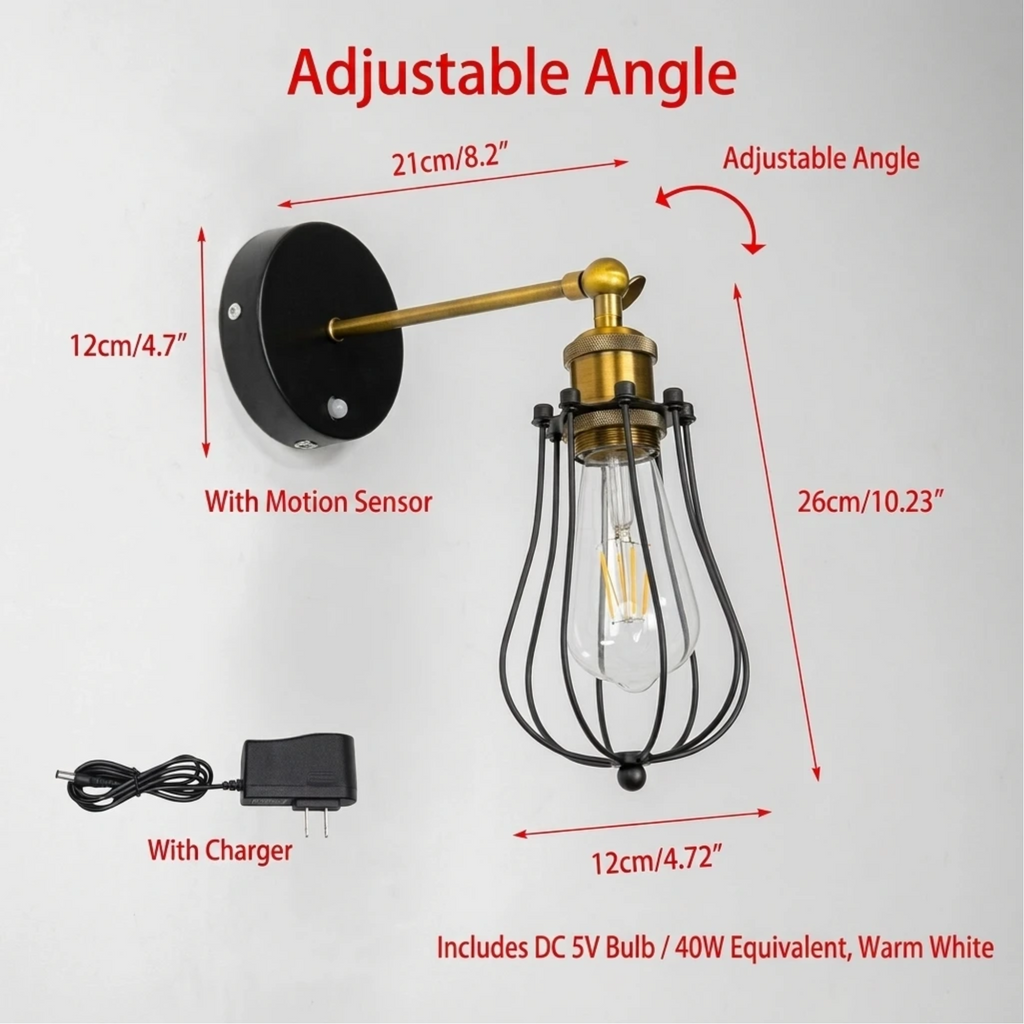 Rechargeable Motion Sensor Wall Sconce, Wireless Industrial Swing Arm Wall Light with 5V Low Voltage E26 LED Bulb