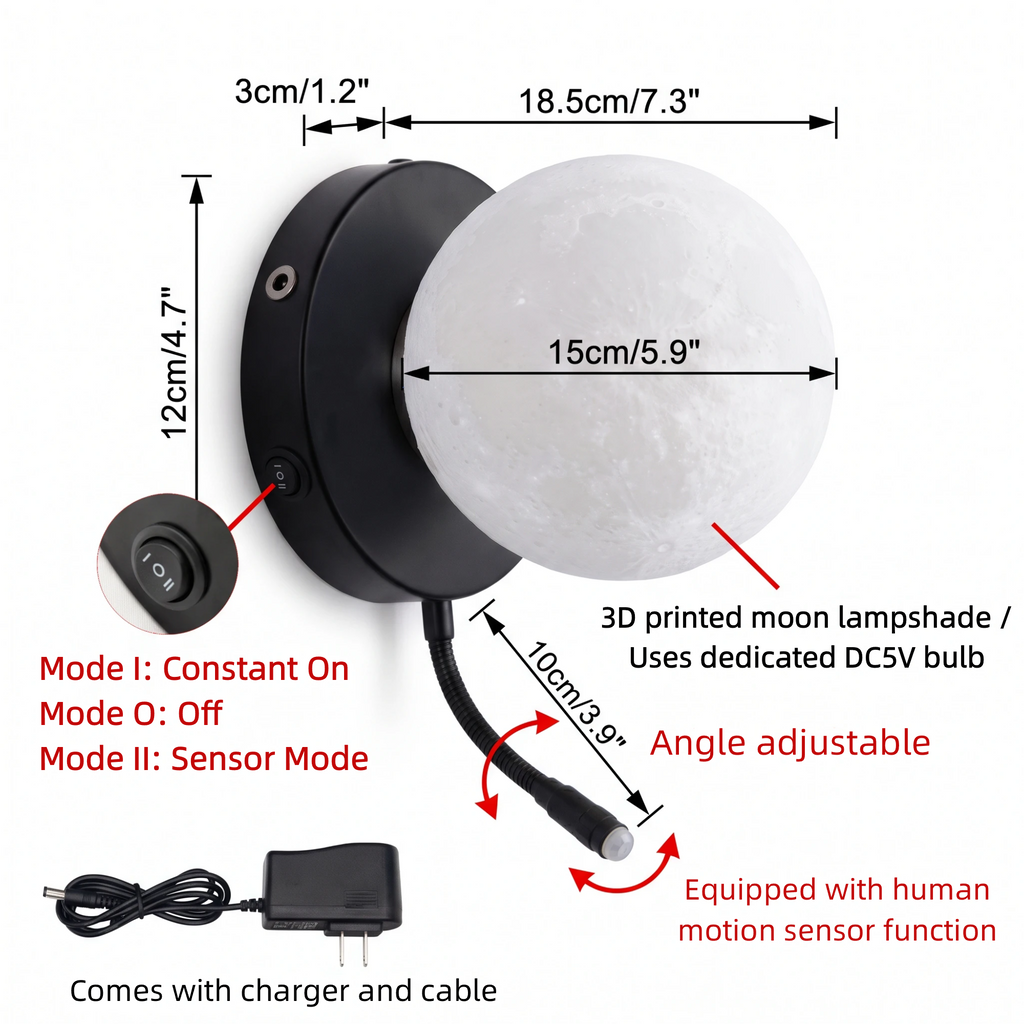 Kiven Rechargeable Moon Wall Sconce with Flexible Motion Sensor | No Wiring, Rental-Friendly