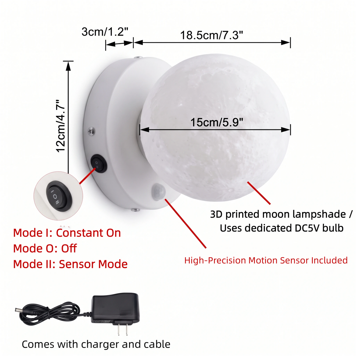 Kiven Integrated Rechargeable Moon Wall Light | Motion Sensor Night Light for Bathroom, Hallway & Staircase