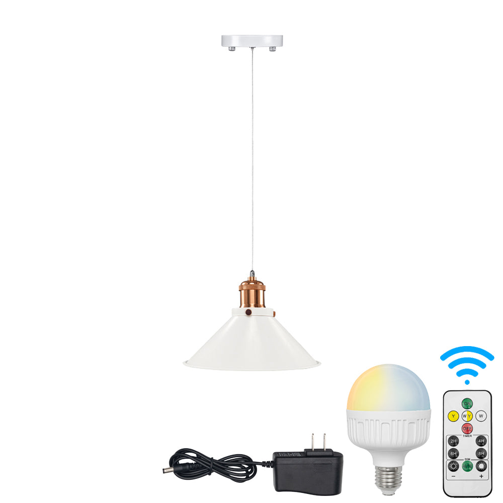 Battery-operated white cone pendant light with copper accents, LED bulb, remote control, dimmable, wireless install