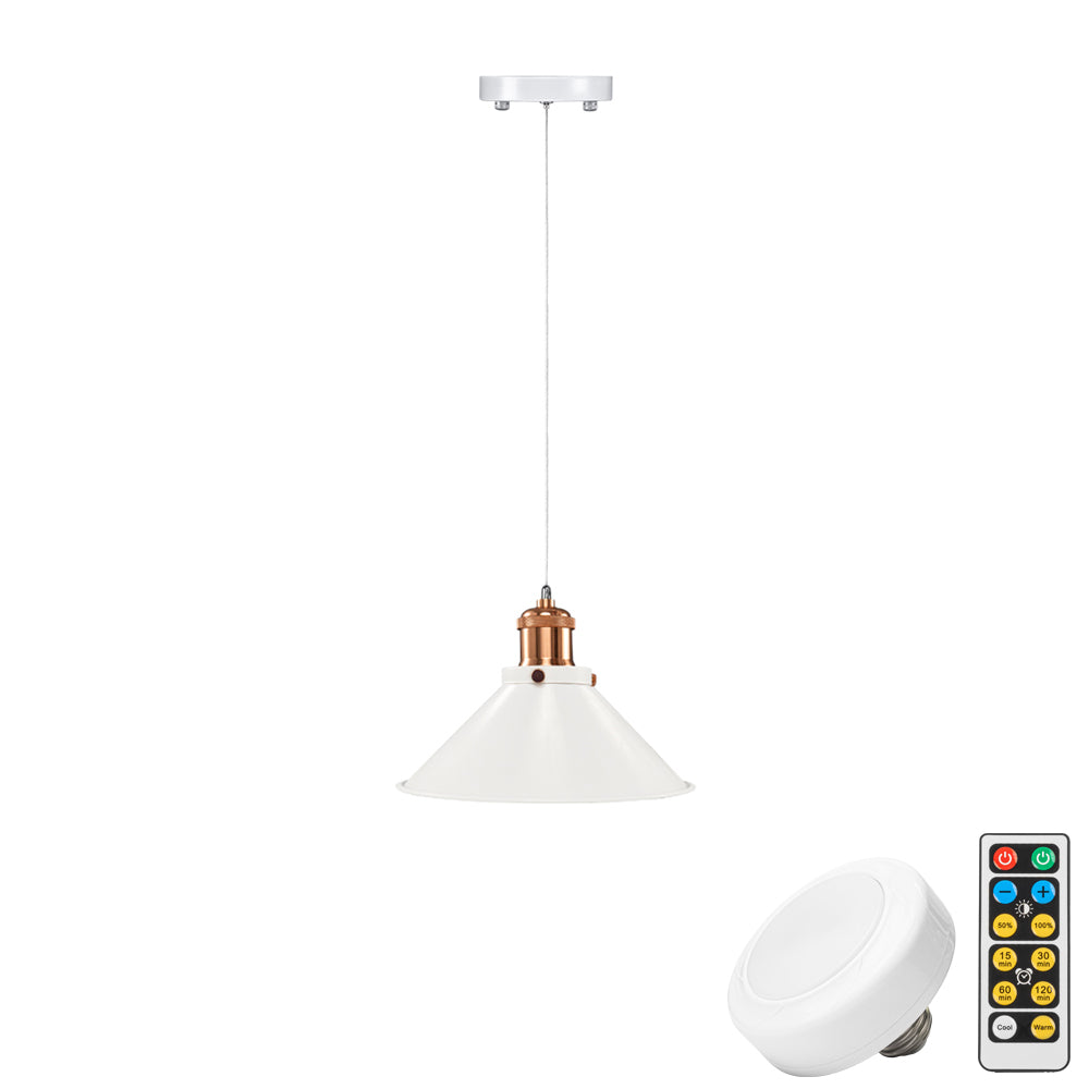 White cone shade battery-operated pendant light with copper accents, remote control, adjustable cable, dimmable, LED light.