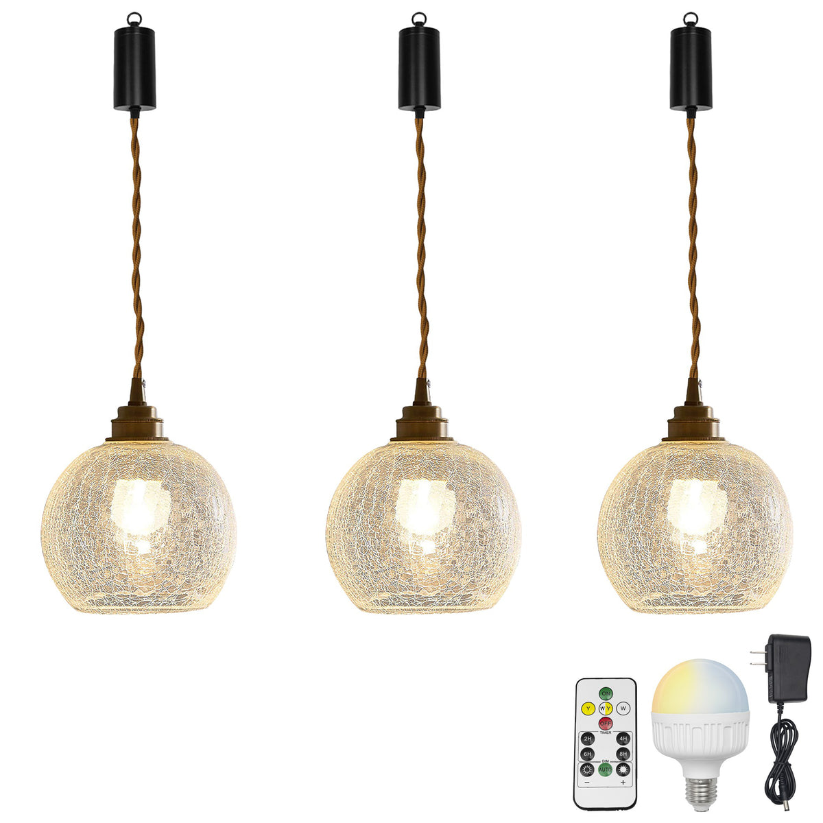 Rechargeable Battery Adjustable Cord Pendant Light Glass Shade Smart LED Bulbs with Remote Retro Design