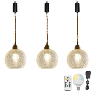 Rechargeable Battery Adjustable Cord Pendant Light Glass Shade Smart LED Bulbs with Remote Retro Design