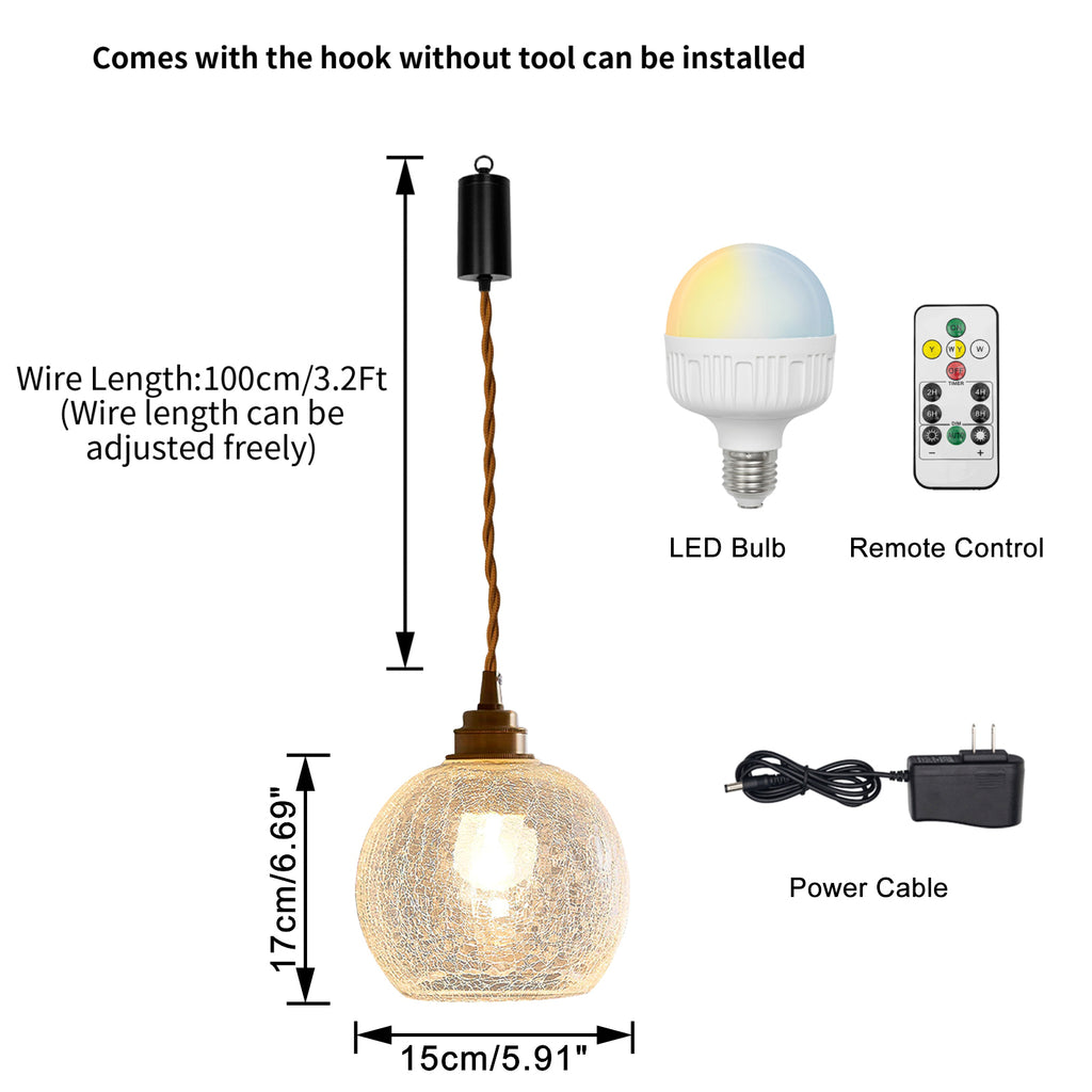 Rechargeable Battery Adjustable Cord Pendant Light Glass Shade Smart LED Bulbs with Remote Retro Design