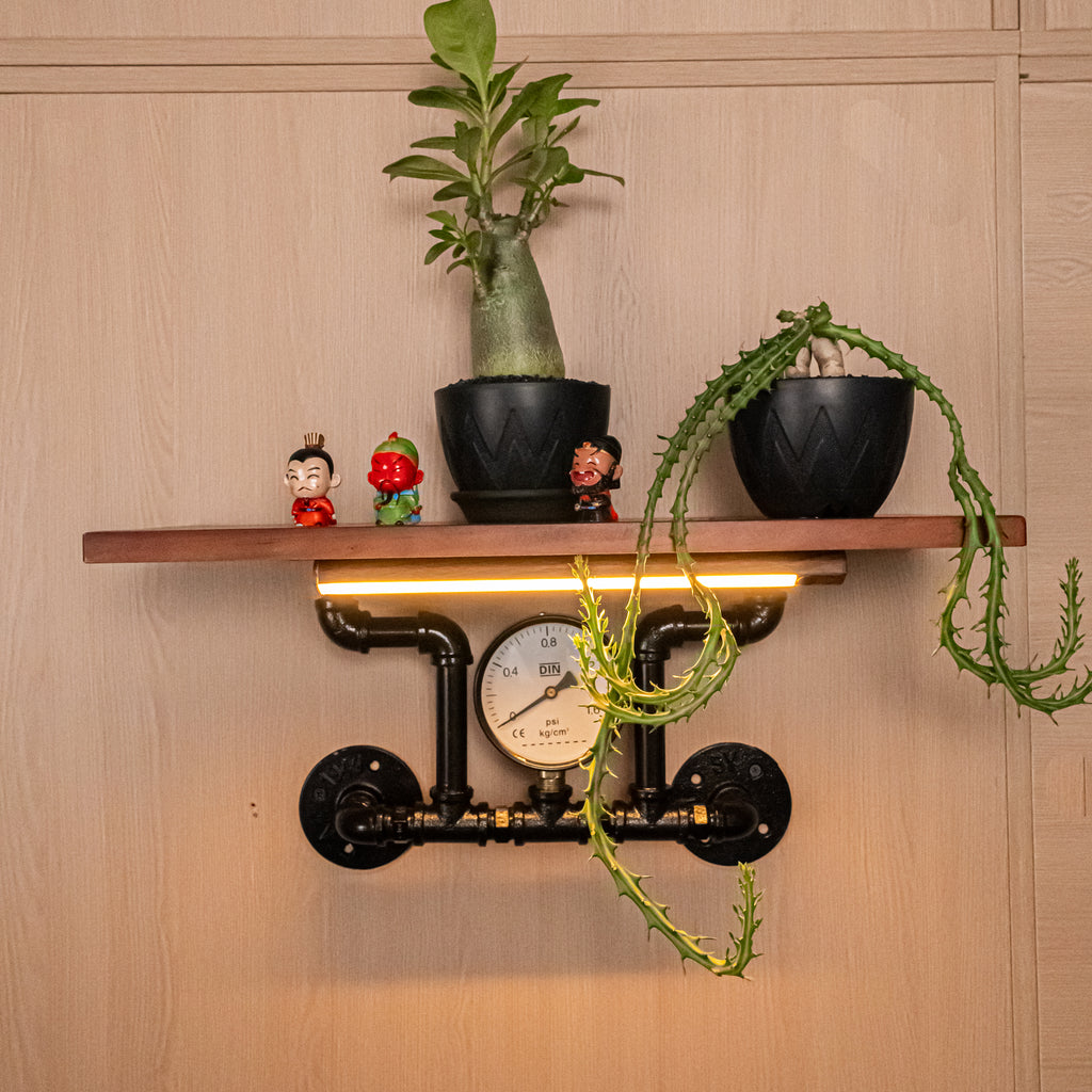 Touchless switch, rechargeable dimmable lamp, industrial-style pipe wall shelf decorative single-line solid wood shelf / wall-mounted shelving rack.