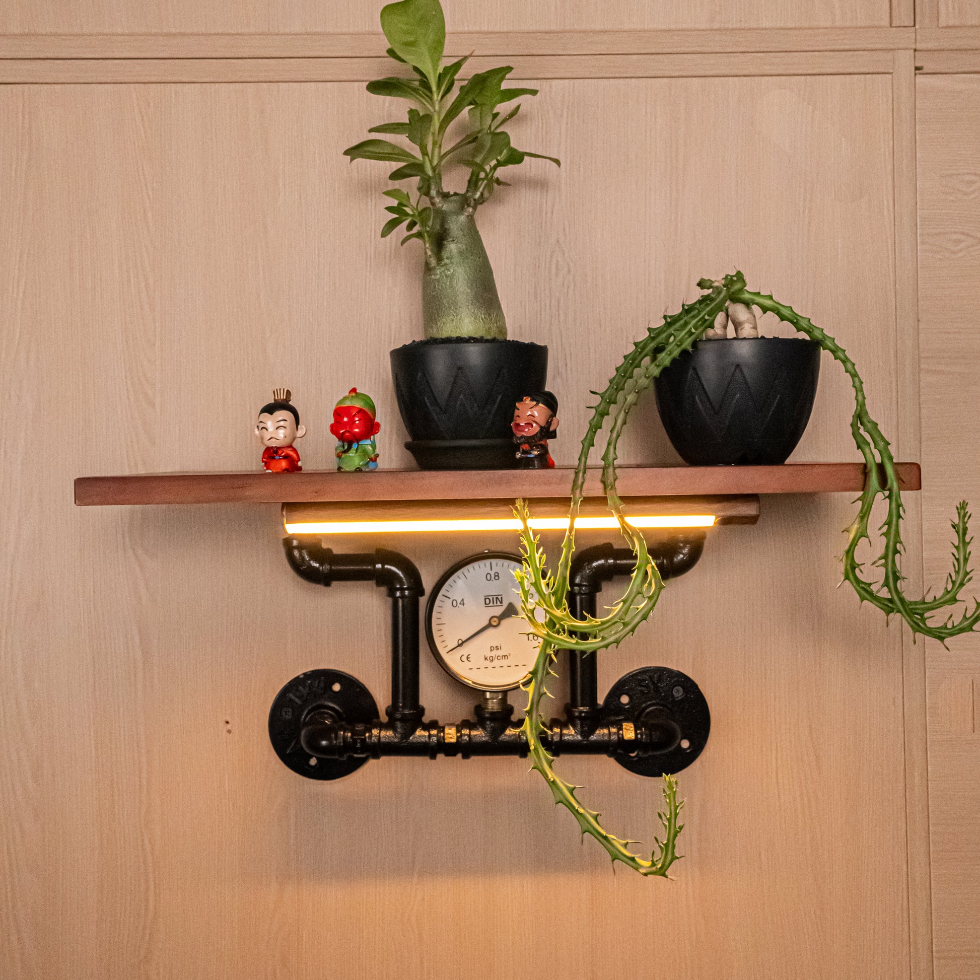 Touchless switch, rechargeable dimmable lamp, industrial-style pipe wall shelf decorative single-line solid wood shelf / wall-mounted shelving rack.