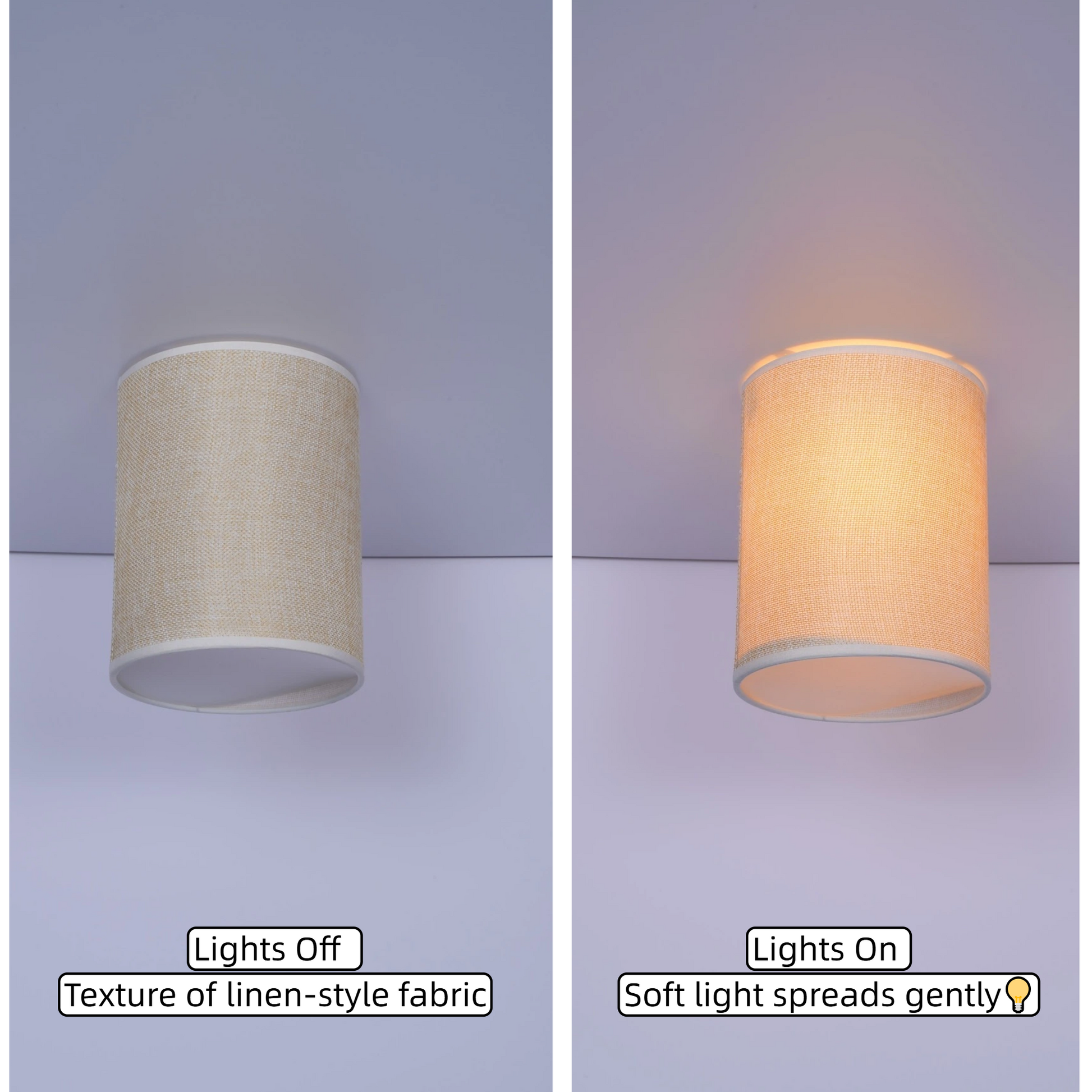 Side-by-side comparison of linen drum lamp shade light off vs soft warm light on
