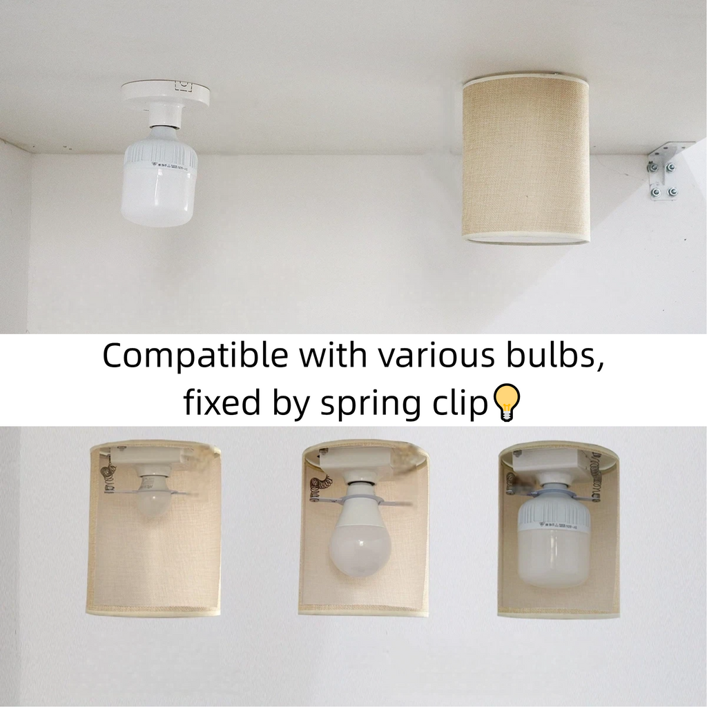 Before and after installation comparison of bare ceiling bulb to stylish linen shade cover