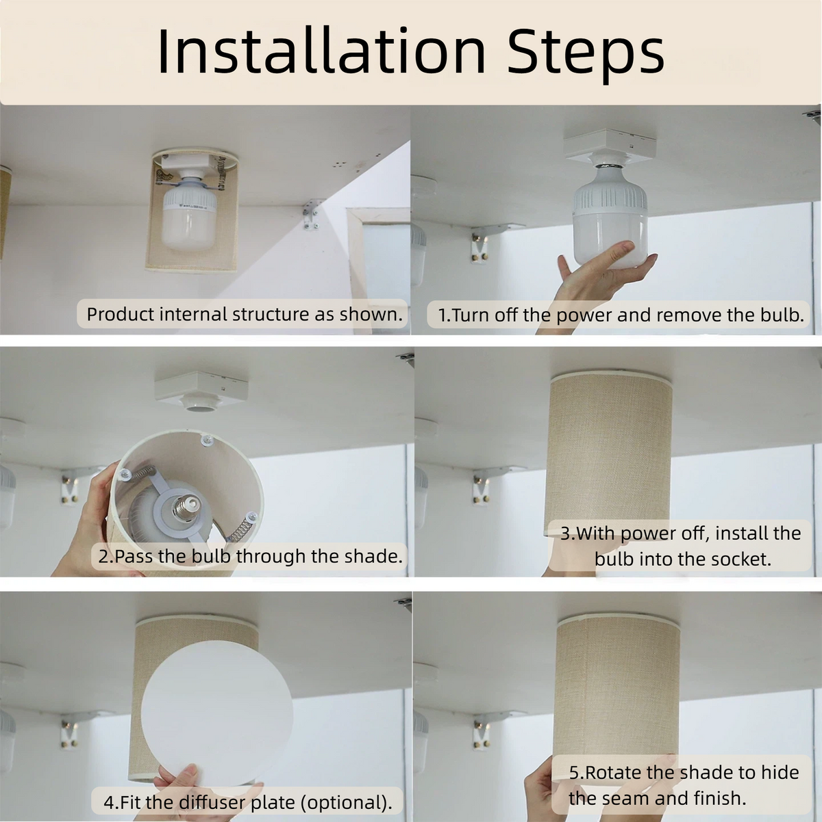 Step by step installation guide for spring clip-on ceiling lamp shade and light diffuser