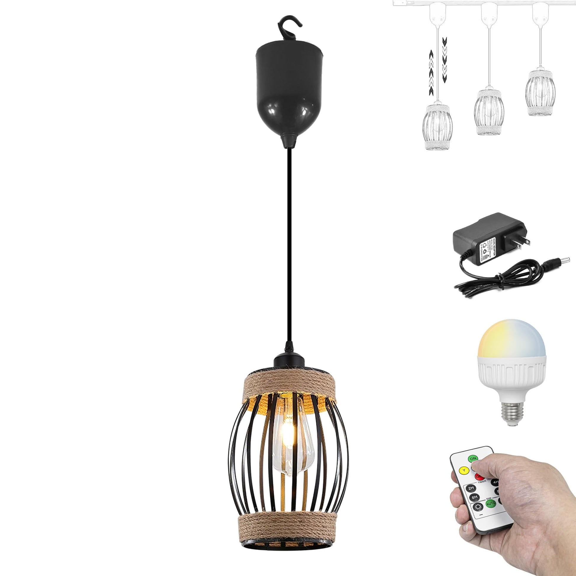 Kiven  Adjustable Height Rechargeable Battery Operated BOHO Pendant Light, Remote Control Industrial Style Black Metal Oval Cover 4Ft Dimmable RGB Decorate for Shopwindow Movie Room