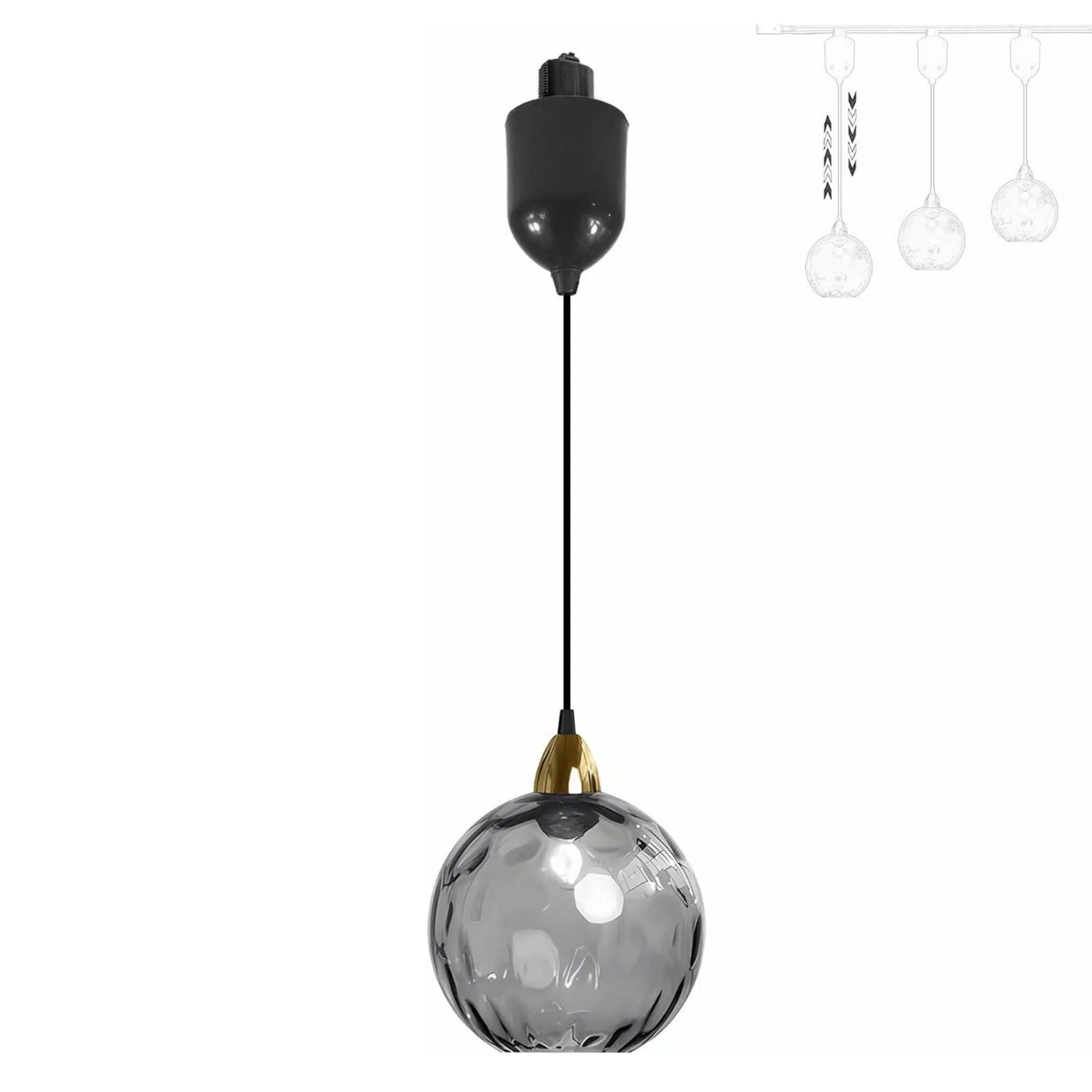 Adjustable height gray glass Juno track pendant for kitchen or bar lighting with vintage style