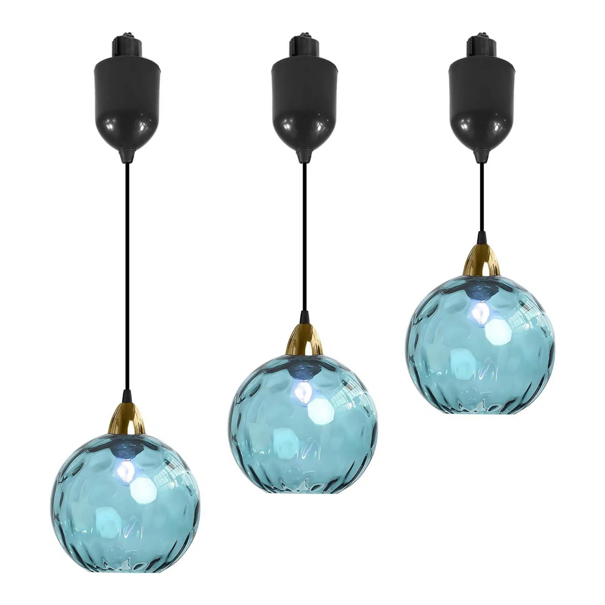 Three blue hammered glass Juno track pendants with adjustable height, kitchen and bar lighting.