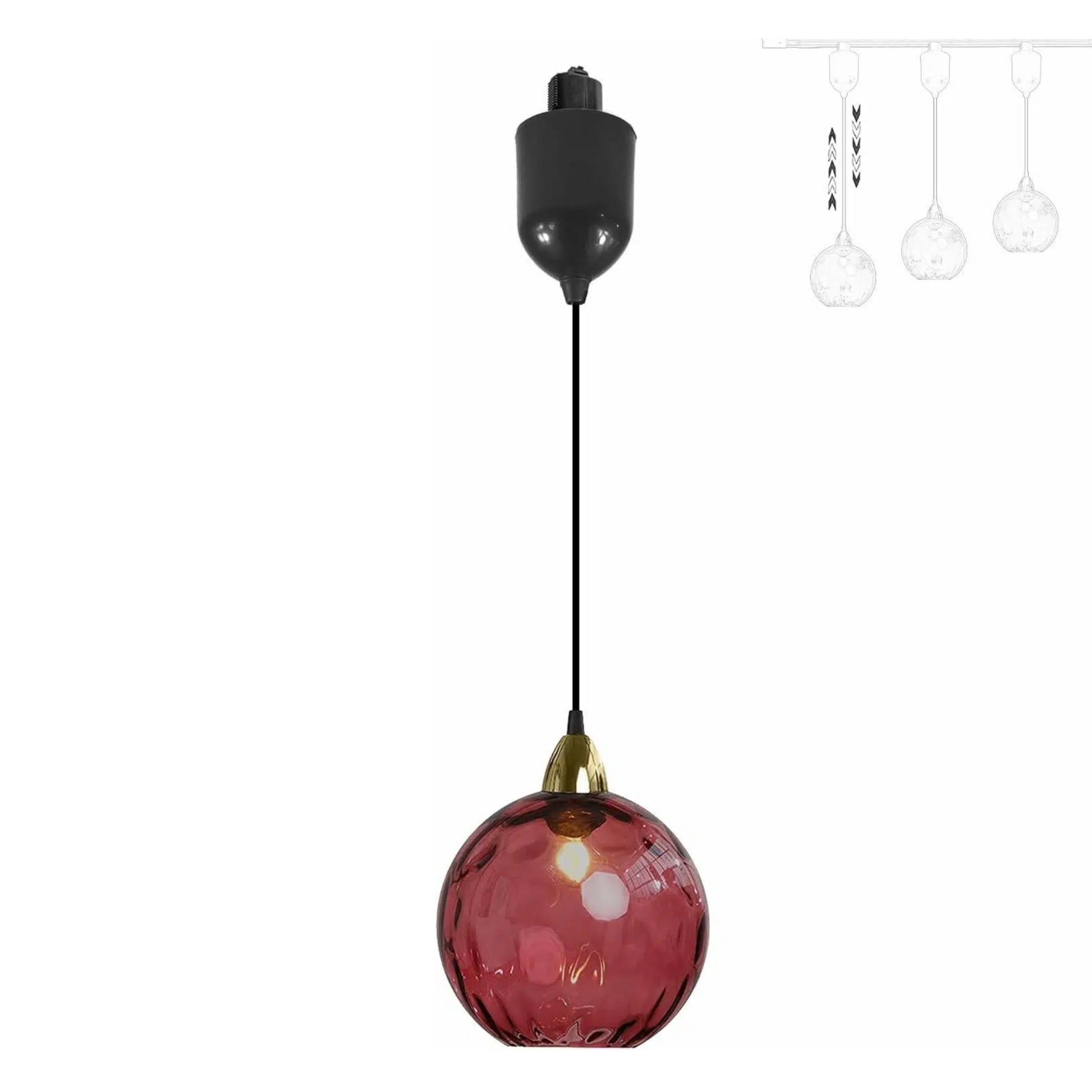 Red glass Juno track pendant light with adjustable height, vintage style. Ideal for kitchen or bar lighting, E26 socket.