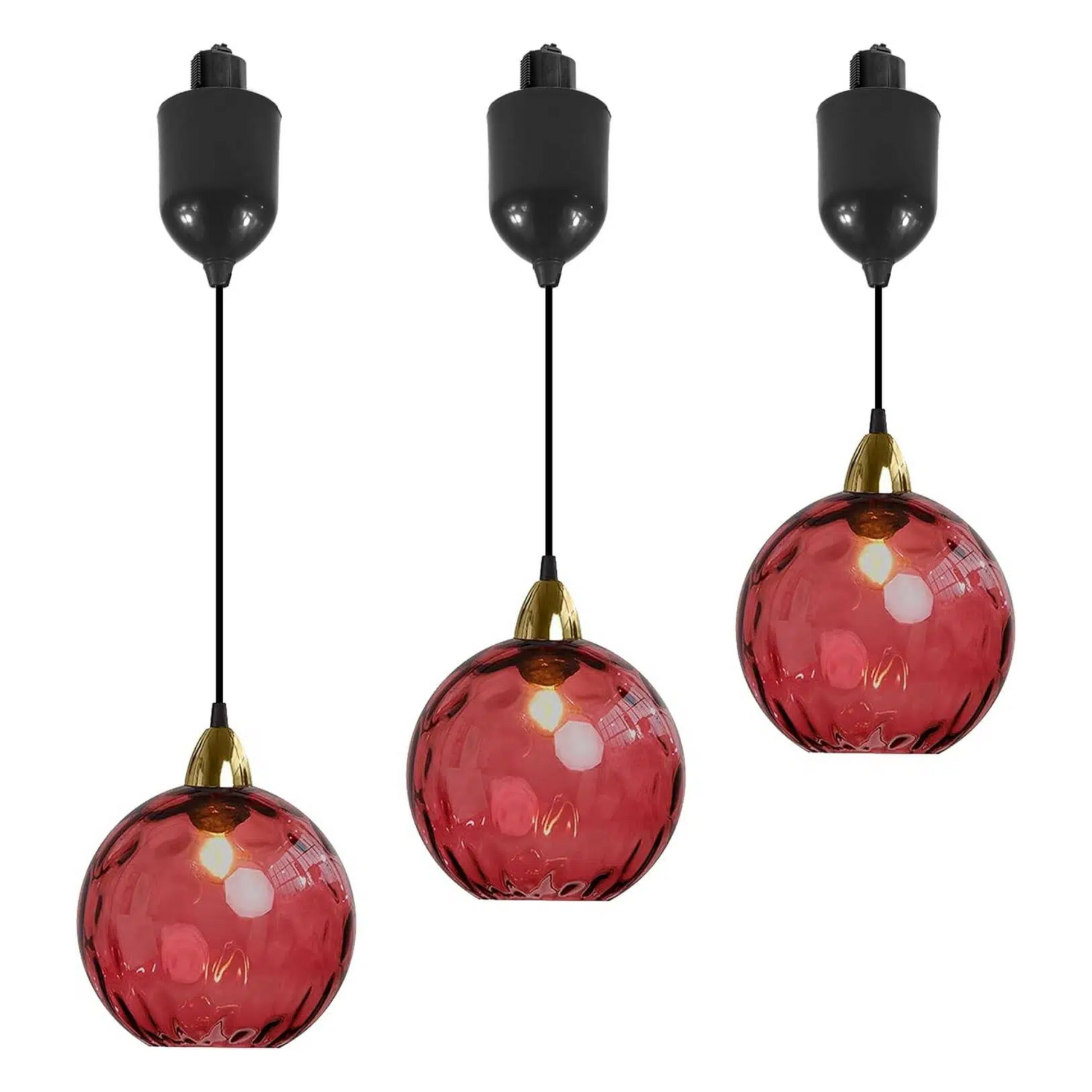 Red hammered glass Juno track pendant lights, adjustable height, perfect for kitchen or bar lighting. Vintage style.