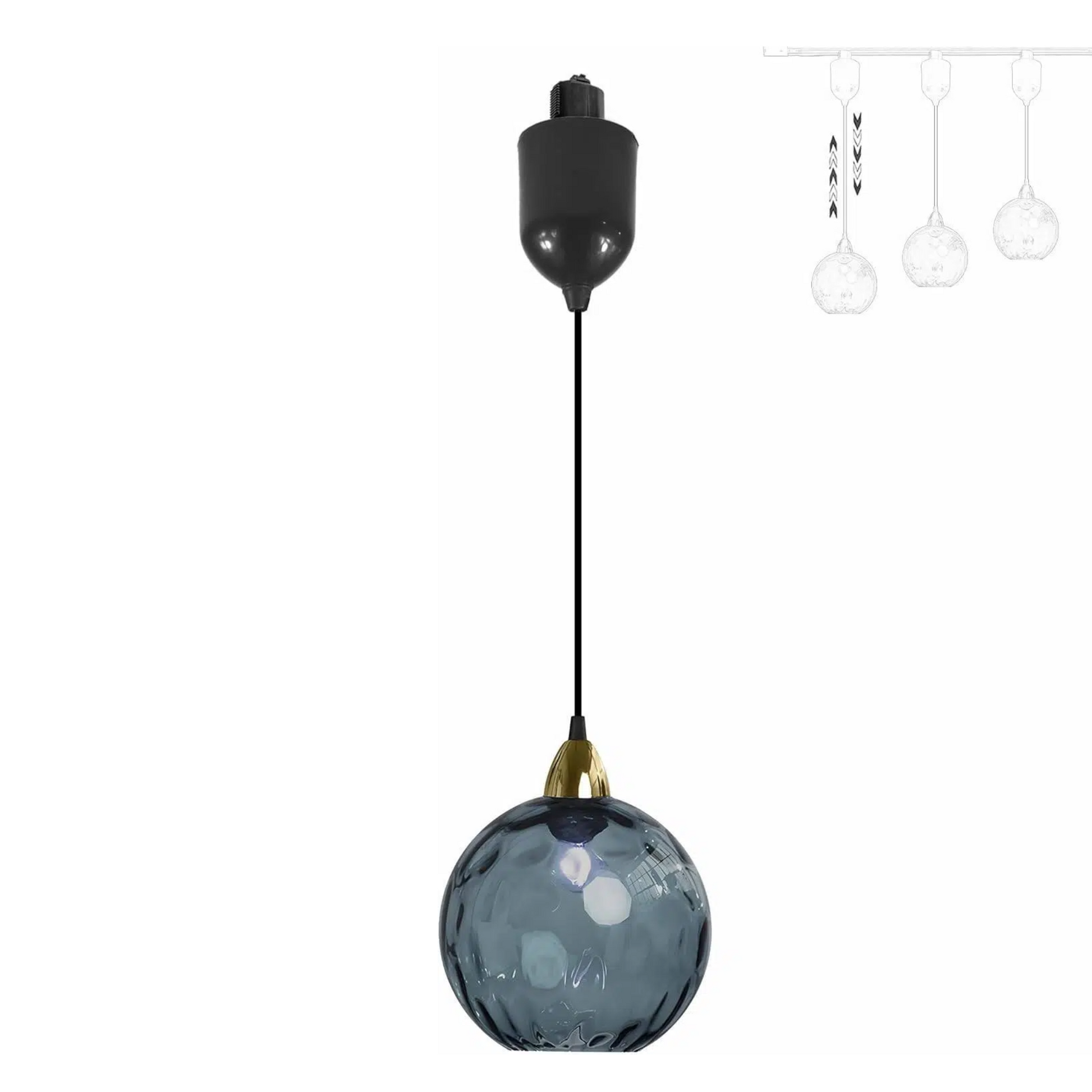 Adjustable blue hammered glass Juno track pendant with vintage style, ideal for kitchen or bar lighting