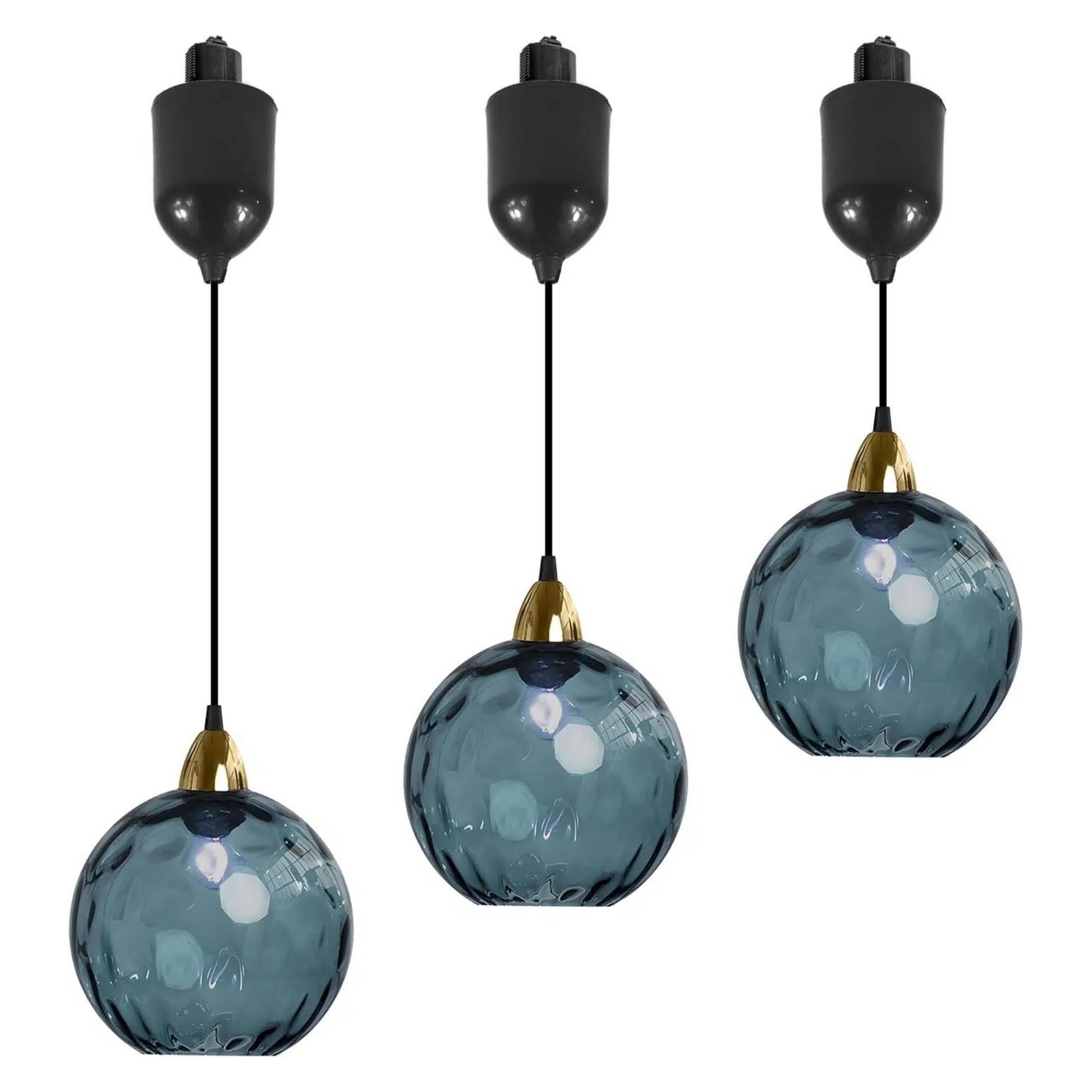 Blue hammered glass Juno track pendants with adjustable height for kitchen, bar, or ceiling lighting. Vintage style.