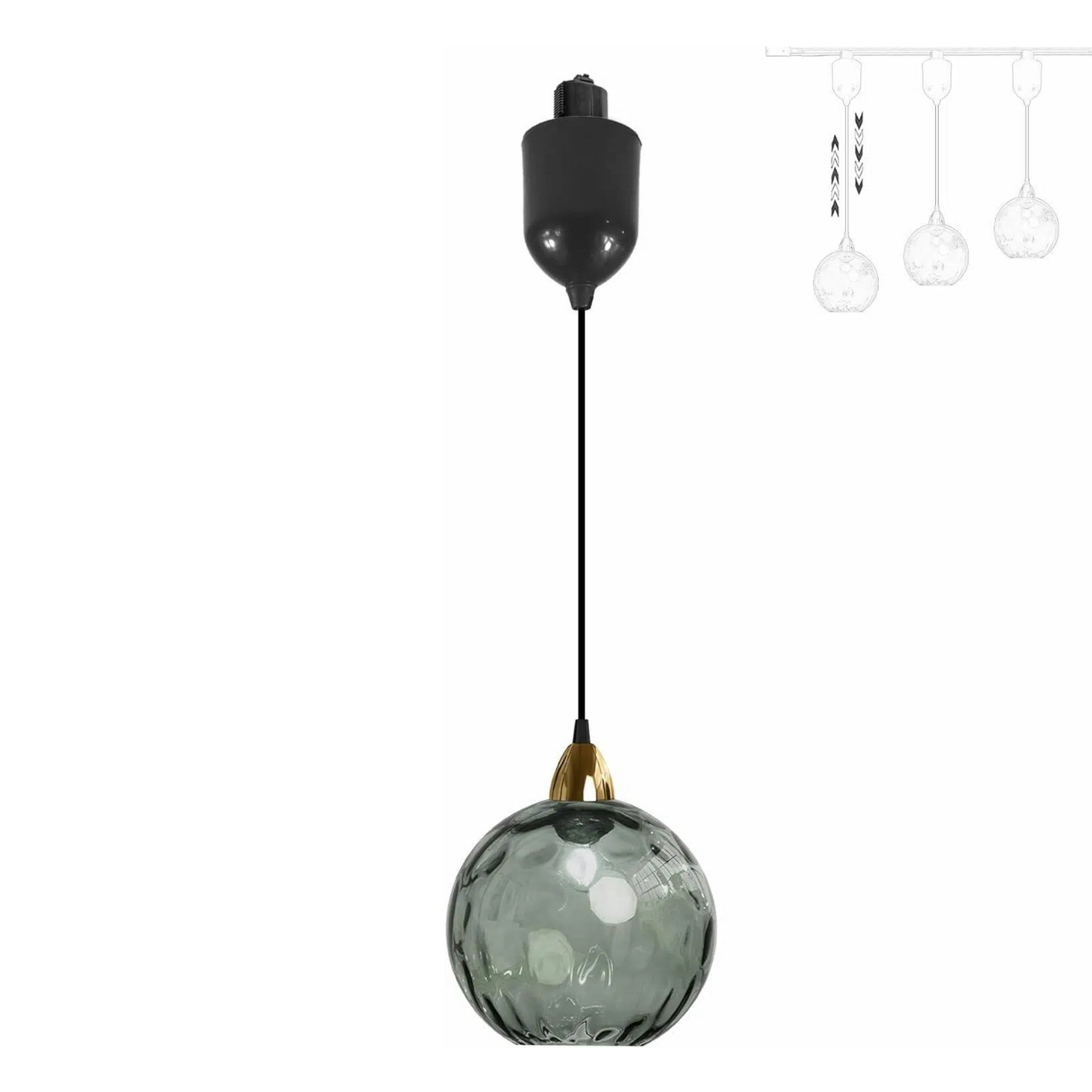 Gray hammered glass Juno track pendant with adjustable height and a vintage style for kitchen or bar lighting. E26 socket.