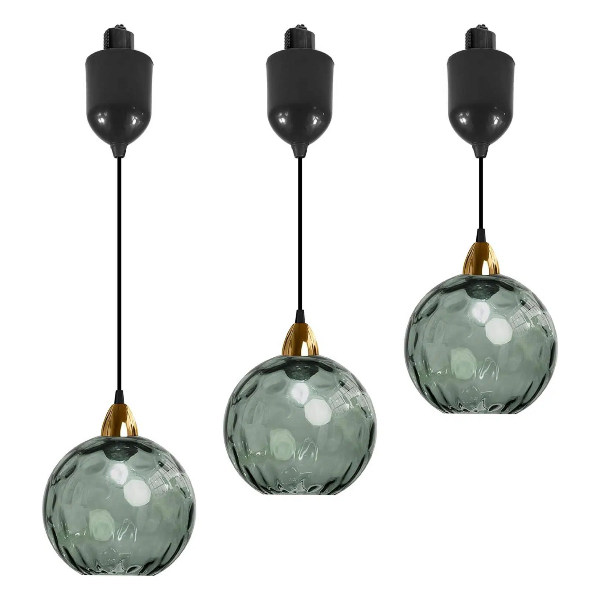 Three Gray Hammered Glass Juno Track Pendants with adjustable height, perfect for kitchen or bar lighting, vintage style.