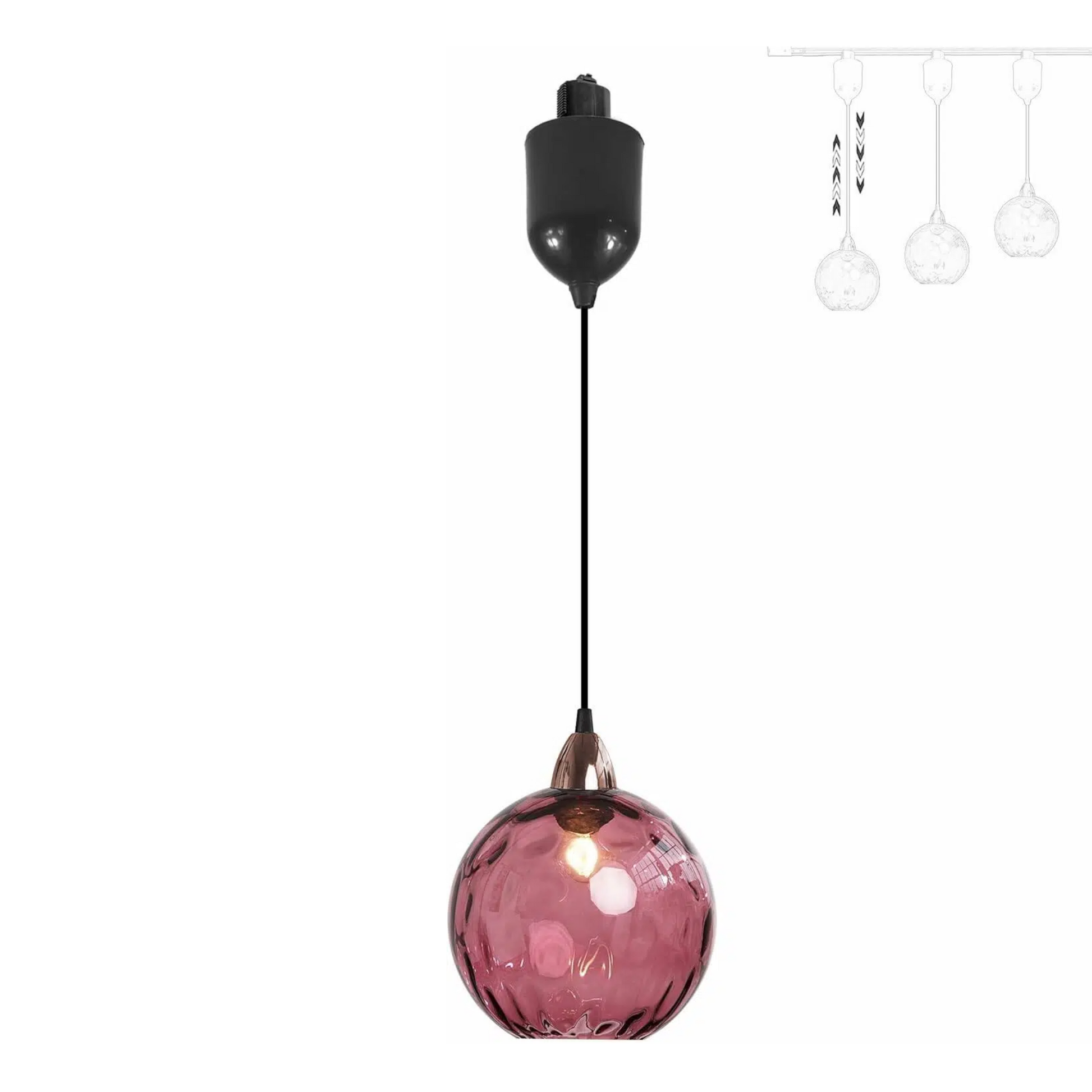 Pink hammered glass Juno track pendant light with adjustable height for kitchen or bar lighting, vintage style, E26 socket