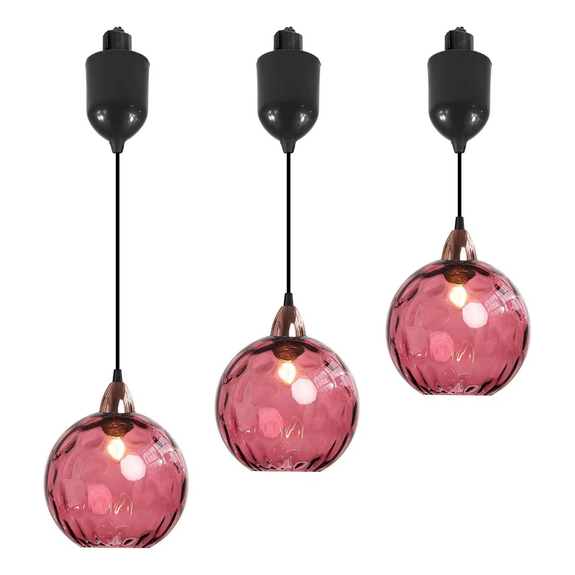 Three pink hammered glass Juno track pendants with adjustable height for kitchen or bar lighting, vintage style, E26 socket.