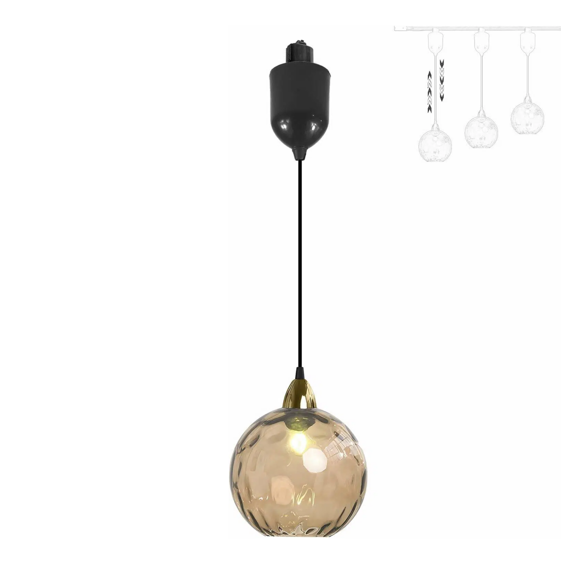 Brown hammered glass Juno track pendant light, vintage style, adjustable height, ideal for kitchen or bar lighting.